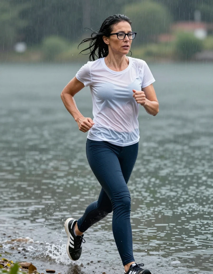 photo of young woman, in soaking wet, drenched clothes,
adidas shoes, dark blue jeans, white t-shirt, running in the lake under hard rain, enjoying wet clothes stuck body, enjoying, wet clothes stuck to body, 
enjoying, wet clothes stuck to body,
detailed textures of the wet clothes, wet face, wet plastered hair,
wet, drenched, professional, high-quality details, full body view.
sharp focus, ultra-high pixel detail, realistic, high-quality, full colors, incredibly detailed, 4k, 8k, 16k, hyper-realistic, RAW photo, masterpiece, ultra-detailed, professionally color graded, professional photograph, europen brunette skinny woman 50 years old, long dark black hair, very big and thick lips,  office glasses, complete body, wet skin, wet clothes, damp fabric, wet skin, wet clothes, damp fabric, wet skin, wet clothes, damp fabric, wet skin, wet clothes, damp fabric, wet skin, wet clothes, damp fabric, wet skin, wet clothes, damp fabric, wet skin, wet clothes, damp fabric