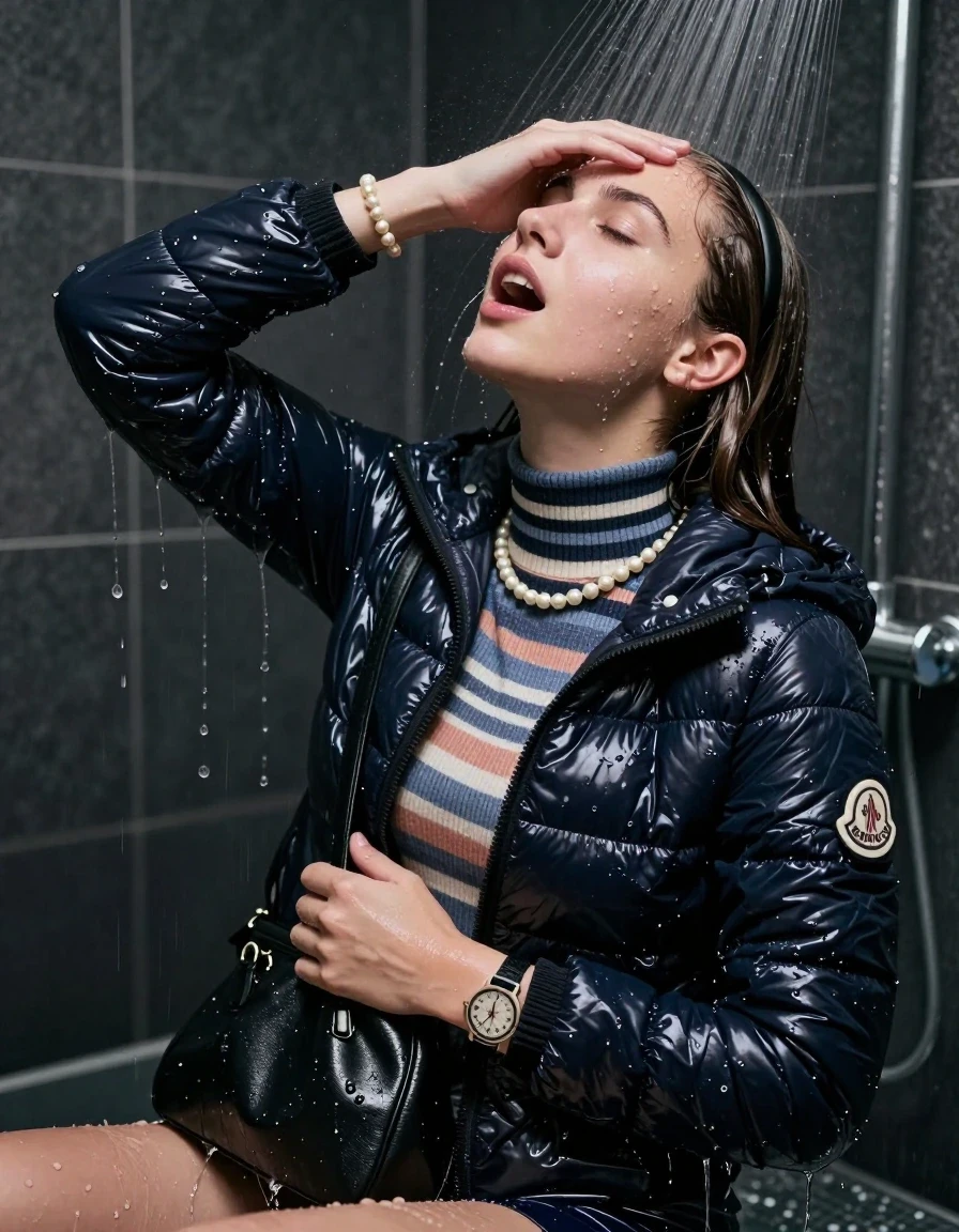 photo of young woman, in soaking wet, drenched clothes,
, , Moncler shiny puffer down jacket, tight striped knit turtleneck sweater, shoulderbag, pearl necklace, bracelet, wristwatch, Masturbate Under the shower, strong jet of water, party room, 
enjoying, wet clothes stuck to body,
detailed textures of the wet clothes, wet face, wet plastered hair,
wet, drenched, professional, high-quality details, full body view.
sharp focus, ultra-high pixel detail, realistic, high-quality, full colors, incredibly detailed, 4k, 8k, 16k, hyper-realistic, RAW photo, masterpiece, ultra-detailed, professionally color graded, professional photograph, sleek long straight hair with hairband 

 15 years old  school girl

Only head and shoulders are over the surface visible. Open mouth, closed eyes. Looking up. She masturbate with one hand between her legs and hold the other hand over her forehead. has an orgasm.

The girls wear different clothes.

she is completely underwater up to her neck, surprised and astonished expression. 

her clothing is soaking wet and clinging tightly to her skin, showing heavy wet folds, darkened fabric texture, and deep water-saturated Patches, her clothes are heavy from the water, water runs from her body and her clothes in streams. A lot of water also runs out of her clothes. Her clothes are darkened by the water. Her submerged clothes are good visible under the water.  she soaked her handbag into the water.

close up view, wet skin, wet clothes, wet hair, damp fabric, water runs down the clothes, wet skin, wet clothes, damp fabric. cinematic medium shot, hyper-realistic wetness, high-contrast water sheen, sharp focus, 16k resolution, professional photography, realistic water physics., wet skin, wet clothes, damp fabric, wet skin, wet clothes, damp fabric, wet skin, wet clothes, damp fabric, wet skin, wet clothes, damp fabric