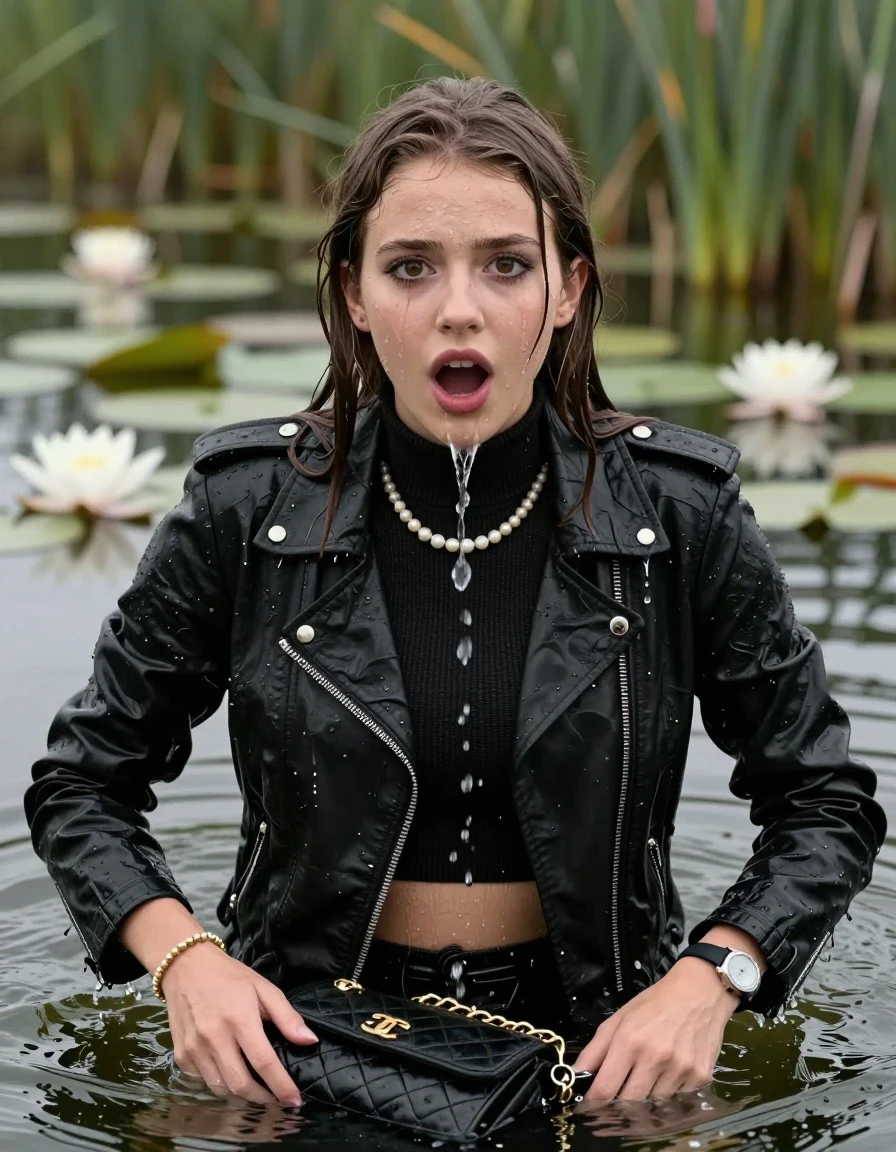 photo of young woman, in soaking wet, drenched clothes,
, , Black Biker leatherjacket, tight knit turtleneck sweater belly free, handbag, pearl necklace, bracelet, wristwatch, drowning in a lake with water lilies and reeds, 
enjoying, wet clothes stuck to body,
detailed textures of the wet clothes, wet face, wet plastered hair,
wet, drenched, professional, high-quality details, full body view.
sharp focus, ultra-high pixel detail, realistic, high-quality, full colors, incredibly detailed, 4k, 8k, 16k, hyper-realistic, RAW photo, masterpiece, ultra-detailed, professionally color graded, professional photograph, sleek long straight hair

15 years old  teenage girls

Only head and shoulders are over the surface visible. Open mouth, big eyes. Eyeliner is running down the cheeks. spits out water. Tries to swim.

The girls wear different clothes.

she is completely underwater up to her neck, afraid and astonished expression. 

her clothing is soaking wet and clinging tightly to her skin, showing heavy wet folds, darkened fabric texture, and deep water-saturated Patches, her clothes are heavy from the water, water runs from her body and her clothes in streams. A lot of water also runs out of her clothes. Her clothes are darkened by the water. Her submerged clothes are good visible under the water.  she soaked her handbag into the water.

close up view, wet skin, wet clothes, wet hair, damp fabric, water runs down the clothes, wet skin, wet clothes, damp fabric. cinematic medium shot, hyper-realistic wetness, high-contrast water sheen, sharp focus, 16k resolution, professional photography, realistic water physics., wet skin, wet clothes, damp fabric, wet skin, wet clothes, damp fabric, wet skin, wet clothes, damp fabric