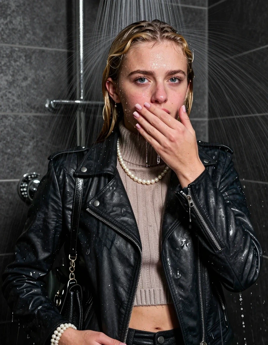 photo of young woman, in soaking wet, drenched clothes,
, , Biker leatherjacket, knit turtleneck sweater belly free, handbag, pearl necklace, bracelet, wristwatch, Under the shower, strong jet of water, party room, 
enjoying, wet clothes stuck to body,
detailed textures of the wet clothes, wet face, wet plastered hair,
wet, drenched, professional, high-quality details, full body view.
sharp focus, ultra-high pixel detail, realistic, high-quality, full colors, incredibly detailed, 4k, 8k, 16k, hyper-realistic, RAW photo, masterpiece, ultra-detailed, professionally color graded, professional photograph, blonde pigtails

 15 years old  teenage girl

Only head and shoulders are over the surface visible. Looking at camera. Hold her hand over her mouth.

The girls wear different clothes.

she is completely underwater up to her neck, afraid and embarrassed expression. 

her clothing is soaking wet and clinging tightly to her skin, showing heavy wet folds, darkened fabric texture, and deep water-saturated Patches, her clothes are heavy from the water, water runs from her body and her clothes in streams. A lot of water also runs out of her clothes. Her clothes are darkened by the water. Her submerged clothes are good visible under the water.  she soaked her handbag into the water.

close up view, wet skin, wet clothes, wet hair, damp fabric, water runs down the clothes, wet skin, wet clothes, damp fabric. cinematic medium shot, hyper-realistic wetness, high-contrast water sheen, sharp focus, 8k resolution, professional photography, realistic water physics., wet skin, wet clothes, damp fabric, wet skin, wet clothes, damp fabric, wet skin, wet clothes, damp fabric