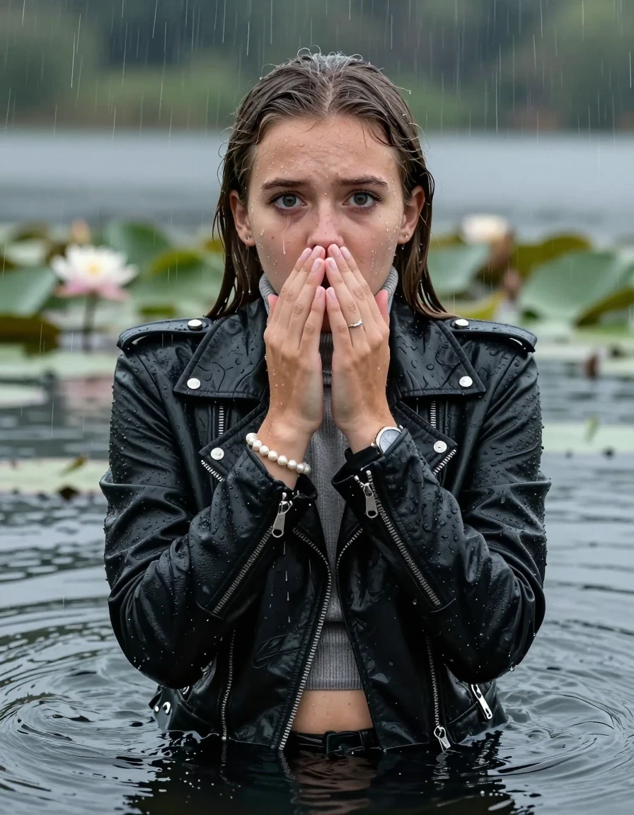 photo of young woman, in soaking wet, drenched clothes,
, , Black Biker leatherjacket, tight knit turtleneck sweater belly free, handbag, pearl necklace, bracelet, wristwatch, drowning in a lake with water lilies and reeds, heavy rain falls directely on her heads, 
enjoying, wet clothes stuck to body,
detailed textures of the wet clothes, wet face, wet plastered hair,
wet, drenched, professional, high-quality details, full body view.
sharp focus, ultra-high pixel detail, realistic, high-quality, full colors, incredibly detailed, 4k, 8k, 16k, hyper-realistic, RAW photo, masterpiece, ultra-detailed, professionally color graded, professional photograph, sleek long straight hair

15 years old  teenage girls

Only head and shoulders are over the surface visible. Open mouth, big eyes. Eyeliner is running down the cheeks. hold her hands in front of her nose.

The girls wear different clothes.

she is completely underwater up to her neck, afraid and astonished expression. 

her clothing is soaking wet and clinging tightly to her skin, showing heavy wet folds, darkened fabric texture, and deep water-saturated Patches, her clothes are heavy from the water, water runs from her body and her clothes in streams. A lot of water also runs out of her clothes. Her clothes are darkened by the water. Her submerged clothes are good visible under the water.  she soaked her handbag into the water.

close up view, wet skin, wet clothes, wet hair, damp fabric, water runs down the clothes, wet skin, wet clothes, damp fabric. cinematic medium shot, hyper-realistic wetness, high-contrast water sheen, sharp focus, 16k resolution, professional photography, realistic water physics., wet skin, wet clothes, damp fabric, wet skin, wet clothes, damp fabric, wet skin, wet clothes, damp fabric