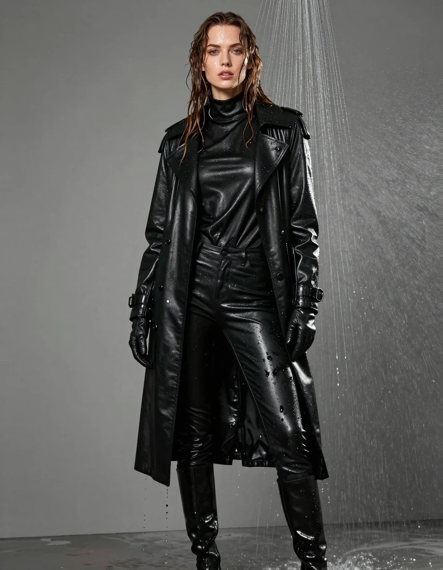 A photorealistic full-body shot of a young adult European woman with long, dripping wet brown hair, standing directly under a running shower. Her skin is glistening with water, and her clothes are visibly drenched and heavy with moisture. She is wearing an oversize black leather polar neck shirt, a long black leather trench coat, and black leather gloves on both hands. Her legs are clad in black leather jeans that show deep, glossy wet sheen, heavy folds, and dark, saturated patches where the water clings to the leather texture. She wears black leather knee-high boots that are slick and reflective under the shower spray. The lighting highlights the wet texture of the leather, the clinging damp fabric, and the cascading water droplets. The scene is strictly non-nude, focusing on the textures of wet leather and drenched hair in a shower environment. High-detail, cinematic lighting, sharp focus on the water sheen and leather grain.