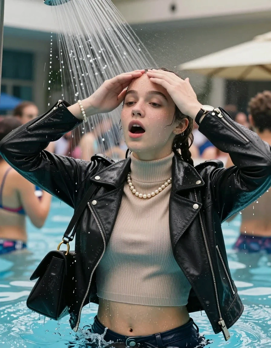 photo of young woman, in soaking wet, drenched clothes,
, , Biker leatherjacket, Tight knit turtleneck sweater belly free, handbag, pearl necklace, bracelet, wristwatch, Under the pool shower, strong jet of water, indoor swimming pool, pool party, people in the background, 
enjoying, wet clothes stuck to body,
detailed textures of the wet clothes, wet face, wet plastered hair,
wet, drenched, professional, high-quality details, full body view.
sharp focus, ultra-high pixel detail, realistic, high-quality, full colors, incredibly detailed, 4k, 8k, 16k, hyper-realistic, RAW photo, masterpiece, ultra-detailed, professionally color graded, professional photograph, sleek long twisted ponytail

Two 15 years old  teenage girl

Only head and shoulders are over the surface visible. Open mouth, closed eyes. Looking up. Hold her hands over her forehead.

The girls wear different clothes.

she is completely underwater up to her neck, surprised and astonished expression. 

her submerged clothes are hardly vusible under water, she soaked her handbag into the water

close up view, wet skin, wet clothes, wet hair, damp fabric, water runs down the clothes, wet skin, wet clothes, damp fabric., wet skin, wet clothes, damp fabric, wet skin, wet clothes, damp fabric, wet skin, wet clothes, damp fabric, wet skin, wet clothes, damp fabric, wet skin, wet clothes, damp fabric, wet skin, wet clothes, damp fabric, wet skin, wet clothes, damp fabric, wet skin, wet clothes, damp fabric, wet skin, wet clothes, damp fabric