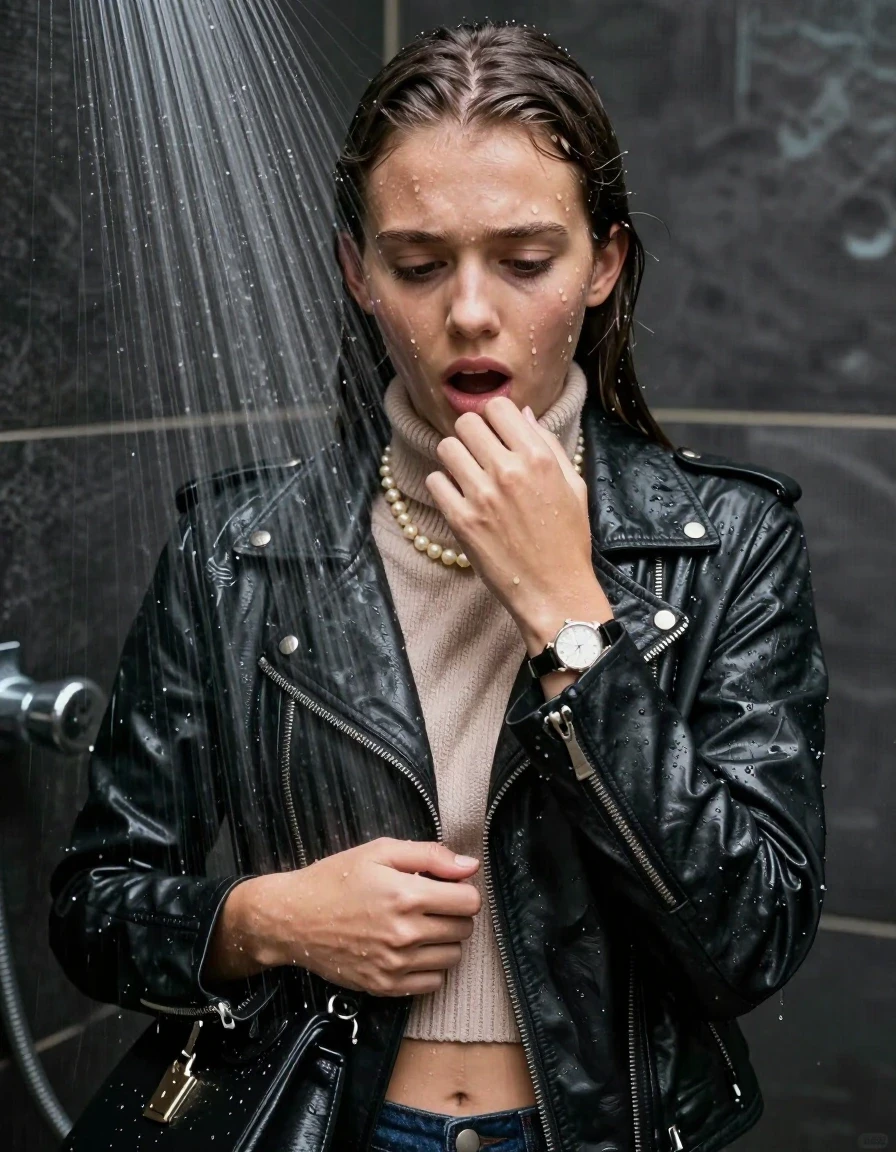 photo of young woman, in soaking wet, drenched clothes,
, , Biker leatherjacket, knit turtleneck sweater belly free, handbag, pearl necklace, bracelet, wristwatch, Under the shower, strong jet of water, party shower, 
enjoying, wet clothes stuck to body,
detailed textures of the wet clothes, wet face, wet plastered hair,
wet, drenched, professional, high-quality details, full body view.
sharp focus, ultra-high pixel detail, realistic, high-quality, full colors, incredibly detailed, 4k, 8k, 16k, hyper-realistic, RAW photo, masterpiece, ultra-detailed, professionally color graded, professional photograph, sleek long straight hair

 15 years old  teenage girl

Only head and shoulders are over the surface visible. Looking down. Hold her hand in front of her chin. open mouth.

The girls wear different clothes.

she is completely underwater up to her neck, shocked and embarrassed expression. 

her clothing is soaking wet and clinging tightly to her skin, showing heavy wet folds, darkened fabric texture, and deep water-saturated Patches, her clothes are heavy from the water, water runs from her body and her clothes in streams. A lot of water also runs out of her clothes. Her clothes are darkened by the water. Her submerged clothes are good visible under the water.  she soaked her handbag into the water.

close up view, wet skin, wet clothes, wet hair, damp fabric, water runs down the clothes, wet skin, wet clothes, damp fabric. cinematic medium shot, hyper-realistic wetness, high-contrast water sheen, sharp focus, 8k resolution, professional photography, realistic water physics., wet skin, wet clothes, damp fabric, wet skin, wet clothes, damp fabric, wet skin, wet clothes, damp fabric