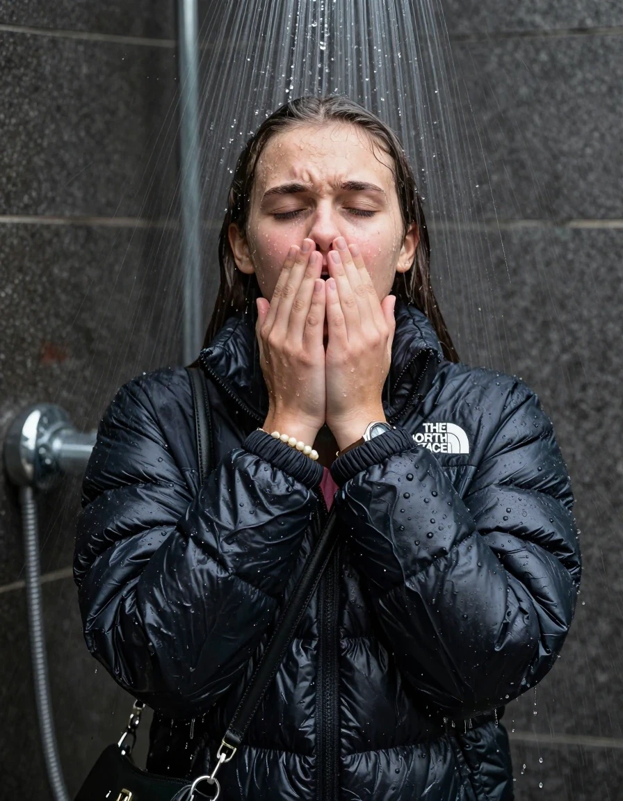 photo of young woman, in soaking wet, drenched clothes,
, , black nuptse north face puffer down jacket, knit turtleneck sweater belly free, handbag, pearl necklace, bracelet, wristwatch, view from behind: Under the shower, strong jet of water, party shower, 
enjoying, wet clothes stuck to body,
detailed textures of the wet clothes, wet face, wet plastered hair,
wet, drenched, professional, high-quality details, full body view.
sharp focus, ultra-high pixel detail, realistic, high-quality, full colors, incredibly detailed, 4k, 8k, 16k, hyper-realistic, RAW photo, masterpiece, ultra-detailed, professionally color graded, professional photograph, sleek long straight hair

 15 years old  teenage girl

Only head and shoulders are over the surface visible. Looking up directely in the water stream. The water splashes directly into her face. Hold her hands in front of her nose.  open mouth, closed eyes.

The girls wear different clothes.

she is completely underwater up to her neck, shocked and embarrassed expression. 

her clothing is soaking wet and clinging tightly to her skin, showing heavy wet folds, darkened fabric texture, and deep water-saturated Patches, her clothes are heavy from the water, water runs from her body and her clothes in streams. A lot of water also runs out of her clothes. Her clothes are darkened by the water. Her submerged clothes are good visible under the water.  she soaked her handbag into the water.

close up view, wet skin, wet clothes, wet hair, damp fabric, water runs down the clothes, wet skin, wet clothes, damp fabric. cinematic medium shot, hyper-realistic wetness, high-contrast water sheen, sharp focus, 8k resolution, professional photography, realistic water physics., wet skin, wet clothes, damp fabric, wet skin, wet clothes, damp fabric, wet skin, wet clothes, damp fabric
