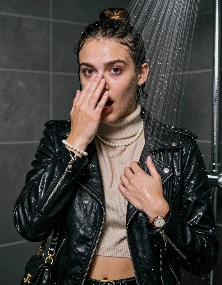 photo of young woman, in soaking wet, drenched clothes,
, , Biker leatherjacket, knit turtleneck sweater belly free, handbag, pearl necklace, bracelet, wristwatch, Under the shower, strong jet of water, party room, 
enjoying, wet clothes stuck to body,
detailed textures of the wet clothes, wet face, wet plastered hair,
wet, drenched, professional, high-quality details, full body view.
sharp focus, ultra-high pixel detail, realistic, high-quality, full colors, incredibly detailed, 4k, 8k, 16k, hyper-realistic, RAW photo, masterpiece, ultra-detailed, professionally color graded, professional photograph, topknot

 15 years old  teenage girl

Only head and shoulders are over the surface visible. Open mouth, big eyes. Looking at camera. Hold her hand in front of her nose.

The girls wear different clothes.

she is completely underwater up to her neck, afraid and astonished expression. 

her clothing is soaking wet and clinging tightly to her skin, showing heavy wet folds, darkened fabric texture, and deep water-saturated Patches, her clothes are heavy from the water, water runs from her body and her clothes in streams. A lot of water also runs out of her clothes. Her clothes are darkened by the water. Her submerged clothes are good visible under the water.  she soaked her handbag into the water.

close up view, wet skin, wet clothes, wet hair, damp fabric, water runs down the clothes, wet skin, wet clothes, damp fabric. cinematic medium shot, hyper-realistic wetness, high-contrast water sheen, sharp focus, 8k resolution, professional photography, realistic water physics., wet skin, wet clothes, damp fabric, wet skin, wet clothes, damp fabric