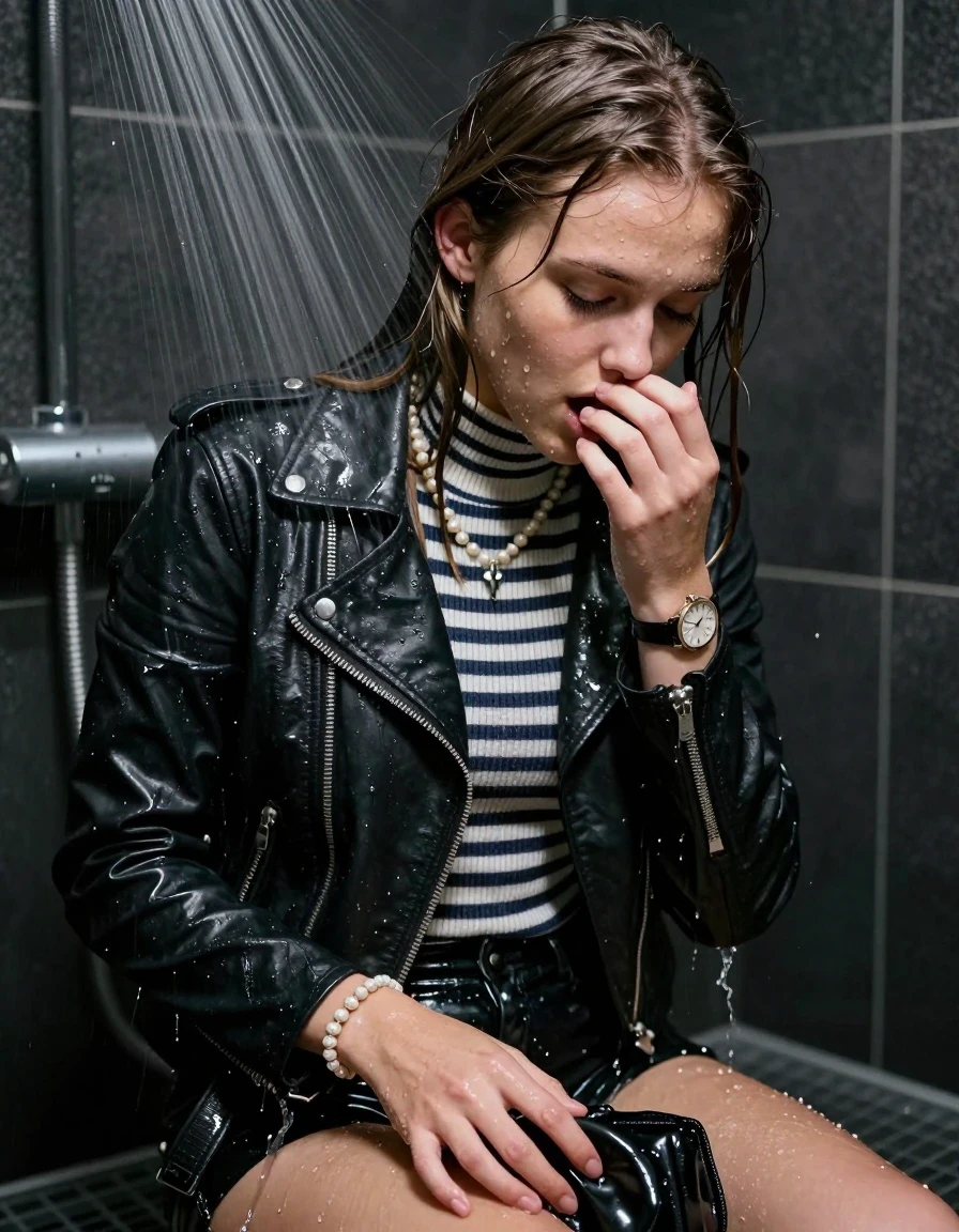 photo of young woman, in soaking wet, drenched clothes,
, , Black Biker leatherjacket, tight striped knit turtleneck sweater, shoulderbag, pearl necklace, bracelet, wristwatch, Masturbate Under the shower, strong jet of water, party room, 
enjoying, wet clothes stuck to body,
detailed textures of the wet clothes, wet face, wet plastered hair,
wet, drenched, professional, high-quality details, full body view.
sharp focus, ultra-high pixel detail, realistic, high-quality, full colors, incredibly detailed, 4k, 8k, 16k, hyper-realistic, RAW photo, masterpiece, ultra-detailed, professionally color graded, professional photograph, sleek long straight hair

 15 years old  school girl

Only head and shoulders are over the surface visible. Open mouth, closed eyes. Looking down. She masturbate with one hand between her legs and hold the other hand over her nose. has an orgasm.

The girls wear different clothes.

she is completely underwater up to her neck, surprised and astonished expression. 

her clothing is soaking wet and clinging tightly to her skin, showing heavy wet folds, darkened fabric texture, and deep water-saturated Patches, her clothes are heavy from the water, water runs from her body and her clothes in streams. A lot of water also runs out of her clothes. Her clothes are darkened by the water. Her submerged clothes are good visible under the water.  she soaked her handbag into the water.

close up view, wet skin, wet clothes, wet hair, damp fabric, water runs down the clothes, wet skin, wet clothes, damp fabric. cinematic medium shot, hyper-realistic wetness, high-contrast water sheen, sharp focus, 16k resolution, professional photography, realistic water physics., wet skin, wet clothes, damp fabric, wet skin, wet clothes, damp fabric, wet skin, wet clothes, damp fabric, wet skin, wet clothes, damp fabric