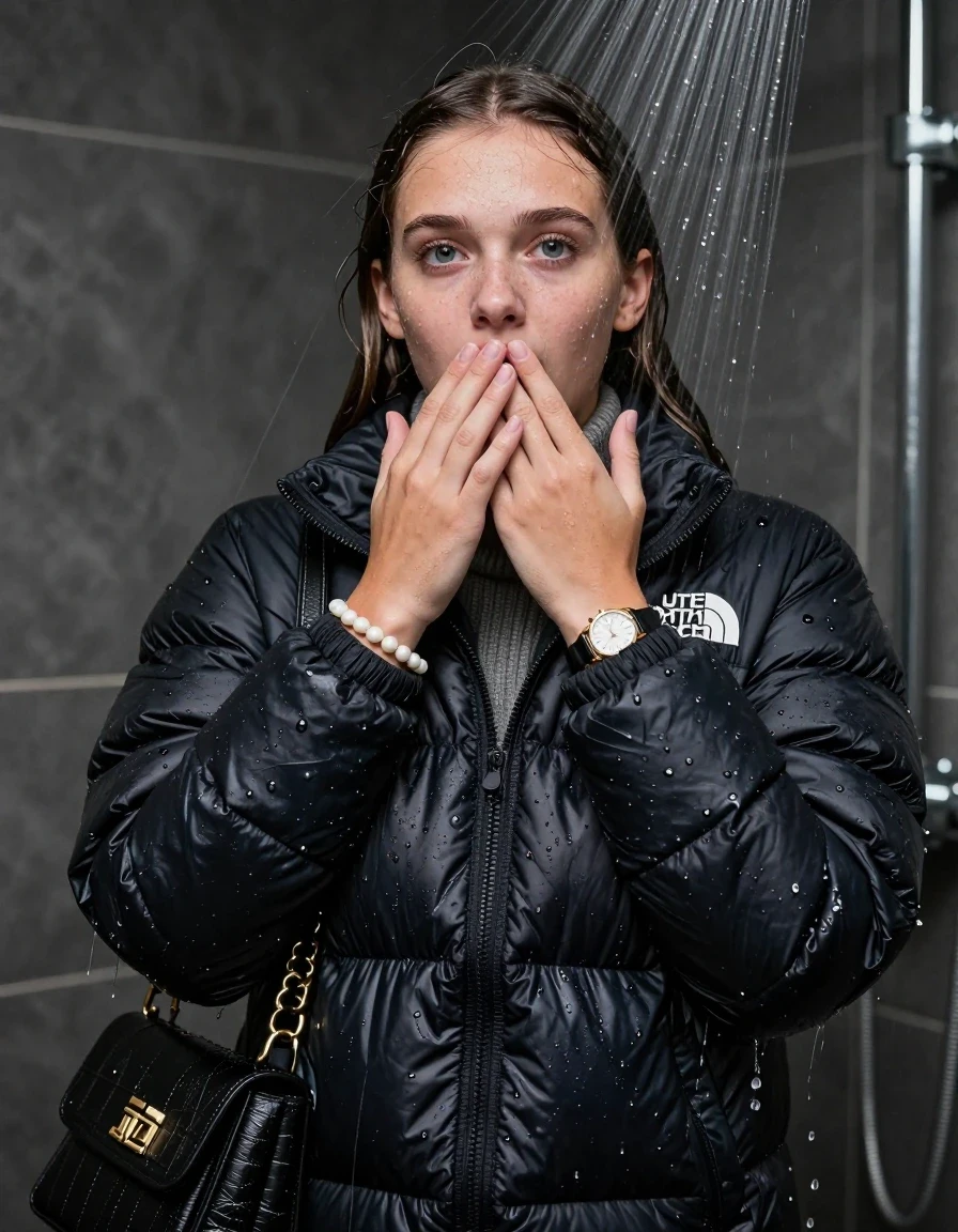 photo of young woman, in soaking wet, drenched clothes,
, , black nuptse north face puffer down jacket, knit turtleneck sweater belly free, handbag, pearl necklace, bracelet, wristwatch, Under the shower, strong jet of water, party shower, 
enjoying, wet clothes stuck to body,
detailed textures of the wet clothes, wet face, wet plastered hair,
wet, drenched, professional, high-quality details, full body view.
sharp focus, ultra-high pixel detail, realistic, high-quality, full colors, incredibly detailed, 4k, 8k, 16k, hyper-realistic, RAW photo, masterpiece, ultra-detailed, professionally color graded, professional photograph, sleek long straight hair

 15 years old  teenage girl

Only head and shoulders are over the surface visible. Looking at camera. Hold her hand on her mouth.  open mouth, big eyes.

The girls wear different clothes.

she is completely underwater up to her neck, shocked and embarrassed expression. 

her clothing is soaking wet and clinging tightly to her skin, showing heavy wet folds, darkened fabric texture, and deep water-saturated Patches, her clothes are heavy from the water, water runs from her body and her clothes in streams. A lot of water also runs out of her clothes. Her clothes are darkened by the water. Her submerged clothes are good visible under the water.  she soaked her handbag into the water.

close up view, wet skin, wet clothes, wet hair, damp fabric, water runs down the clothes, wet skin, wet clothes, damp fabric. cinematic medium shot, hyper-realistic wetness, high-contrast water sheen, sharp focus, 8k resolution, professional photography, realistic water physics., wet skin, wet clothes, damp fabric, wet skin, wet clothes, damp fabric, wet skin, wet clothes, damp fabric