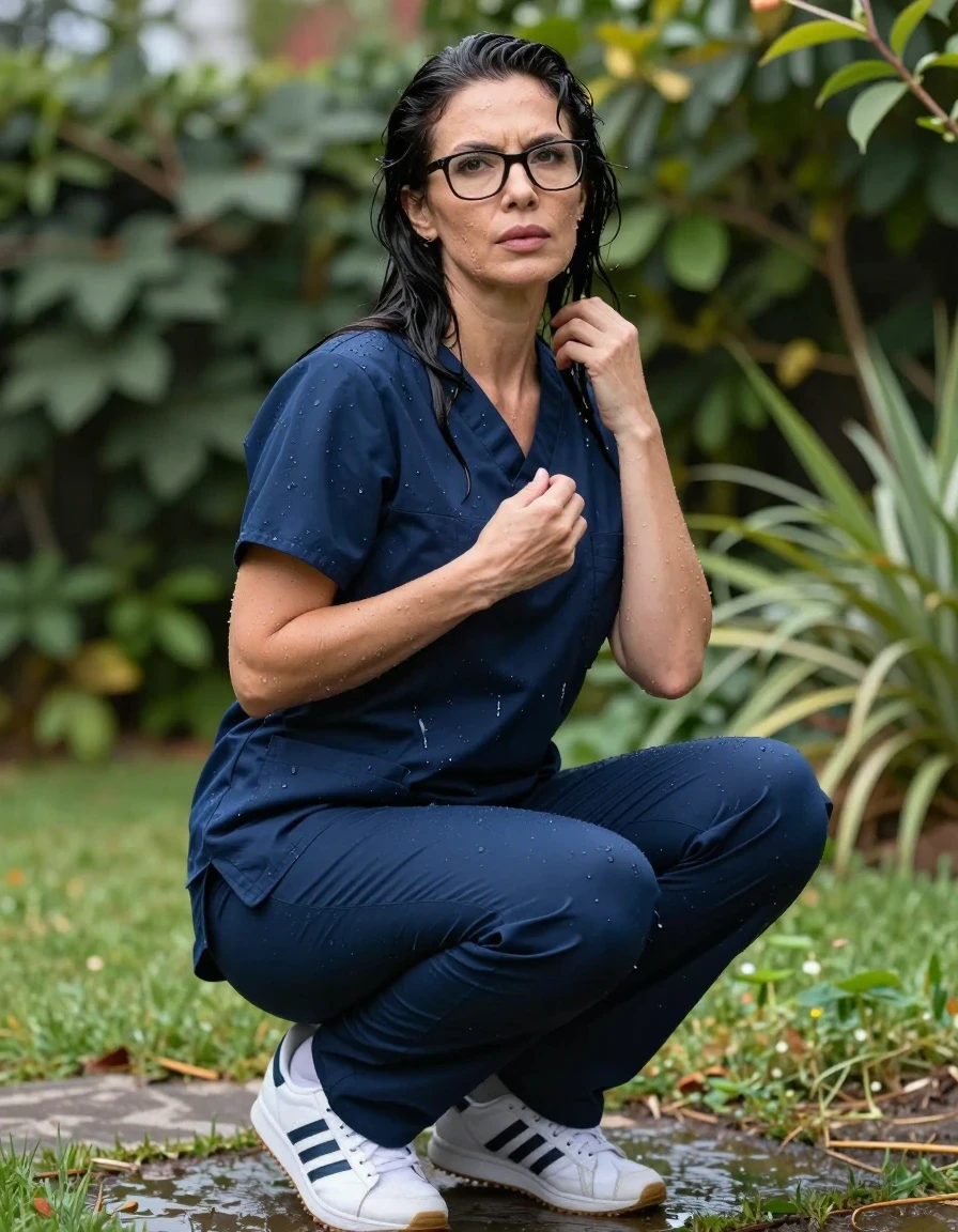 photo of young woman, in soaking wet, drenched clothes,
adidas shoes, wet dark blue scrubs, wet dark blue scrubs , after bath in sunny garden, enjoying wet clothes stuck body, enjoying, wet clothes stuck to body, 
enjoying, wet clothes stuck to body,
detailed textures of the wet clothes, wet face, wet plastered hair,
wet, drenched, professional, high-quality details, full body view.
sharp focus, ultra-high pixel detail, realistic, high-quality, full colors, incredibly detailed, 4k, 8k, 16k, hyper-realistic, RAW photo, masterpiece, ultra-detailed, professionally color graded, professional photograph, europen brunette skinny woman 50 years old, long dark black hair, very big and thick lips,  office glasses, complete body, wet skin, wet clothes, damp fabric, wet skin, wet clothes, damp fabric, wet skin, wet clothes, damp fabric, wet skin, wet clothes, damp fabric, wet skin, wet clothes, damp fabric, wet skin, wet clothes, damp fabric, wet skin, wet clothes, damp fabric