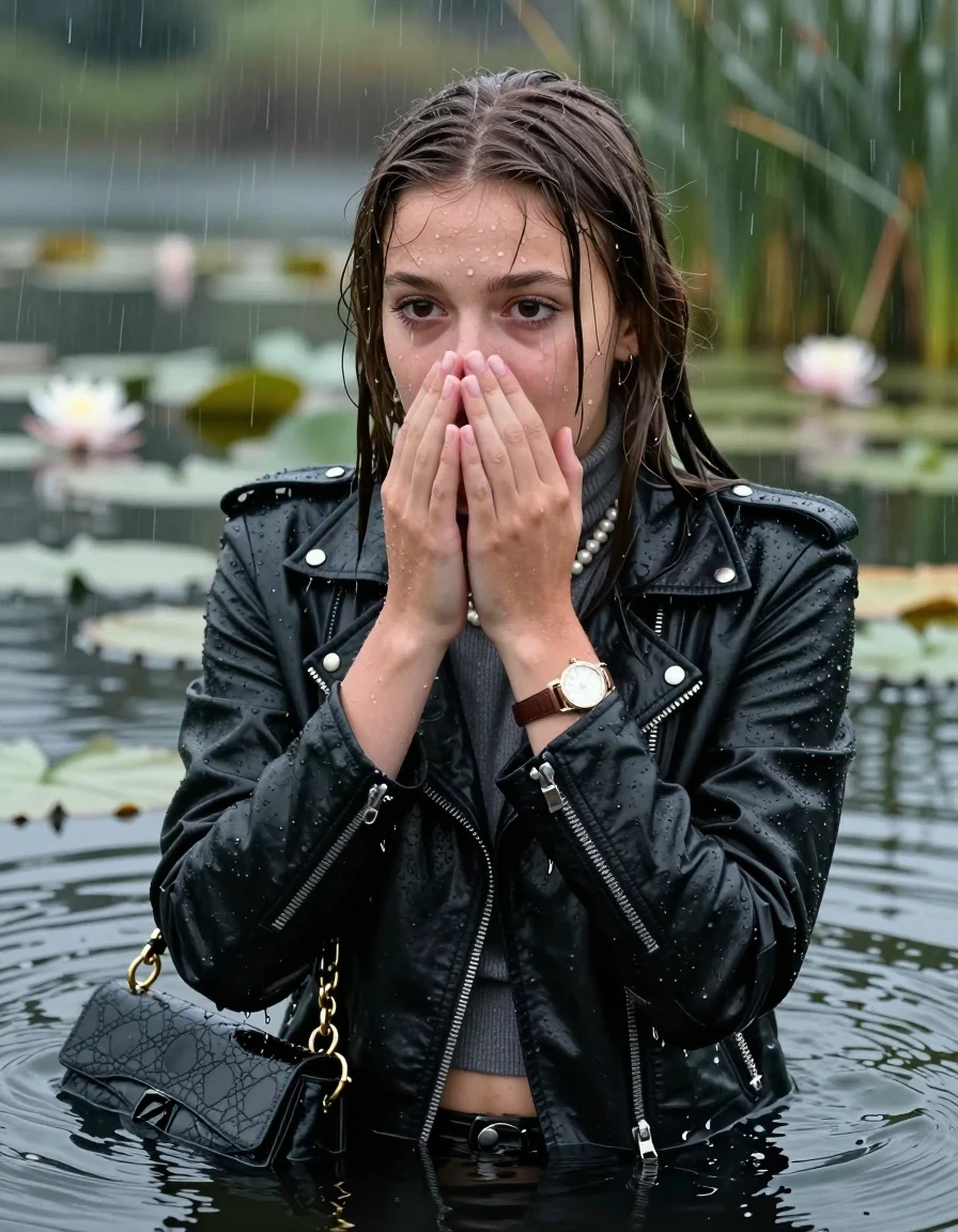 photo of young woman, in soaking wet, drenched clothes,
, , Black Biker leatherjacket, tight knit turtleneck sweater belly free, handbag, pearl necklace, bracelet, wristwatch, drowning in a lake with water lilies and reeds, heavy rain falls directely on her heads, 
enjoying, wet clothes stuck to body,
detailed textures of the wet clothes, wet face, wet plastered hair,
wet, drenched, professional, high-quality details, full body view.
sharp focus, ultra-high pixel detail, realistic, high-quality, full colors, incredibly detailed, 4k, 8k, 16k, hyper-realistic, RAW photo, masterpiece, ultra-detailed, professionally color graded, professional photograph, sleek long straight hair

15 years old  teenage girls

Only head and shoulders are over the surface visible. Open mouth, big eyes. Eyeliner is running down the cheeks. hold her hands in front of her nose.

The girls wear different clothes.

she is completely underwater up to her neck, afraid and astonished expression. 

her clothing is soaking wet and clinging tightly to her skin, showing heavy wet folds, darkened fabric texture, and deep water-saturated Patches, her clothes are heavy from the water, water runs from her body and her clothes in streams. A lot of water also runs out of her clothes. Her clothes are darkened by the water. Her submerged clothes are good visible under the water.  she soaked her handbag into the water.

close up view, wet skin, wet clothes, wet hair, damp fabric, water runs down the clothes, wet skin, wet clothes, damp fabric. cinematic medium shot, hyper-realistic wetness, high-contrast water sheen, sharp focus, 16k resolution, professional photography, realistic water physics., wet skin, wet clothes, damp fabric, wet skin, wet clothes, damp fabric, wet skin, wet clothes, damp fabric