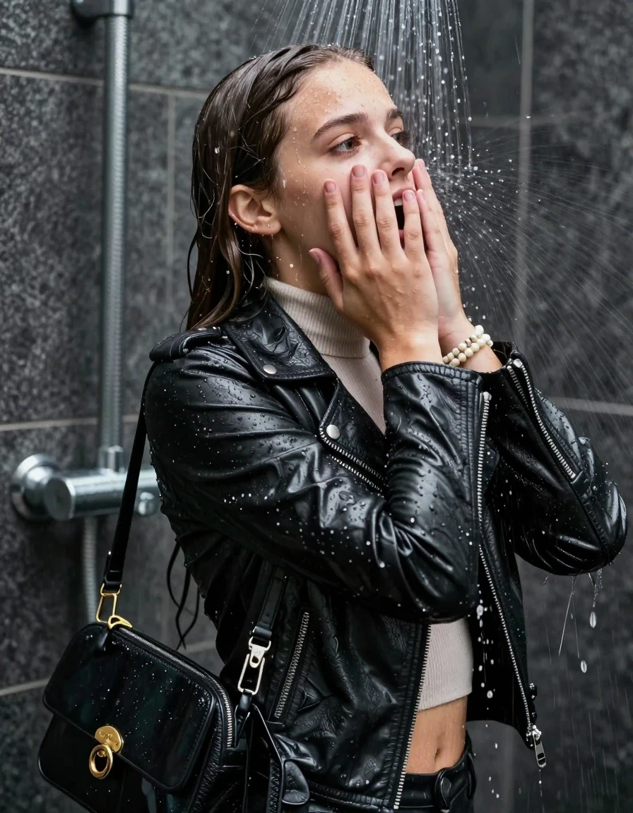 photo of young woman, in soaking wet, drenched clothes,
, , biker leatherjacket, tight knit turtleneck sweater belly free, handbag, pearl necklace, bracelet, wristwatch, Under the shower, strong jet of water, party shower, 
enjoying, wet clothes stuck to body,
detailed textures of the wet clothes, wet face, wet plastered hair,
wet, drenched, professional, high-quality details, full body view.
sharp focus, ultra-high pixel detail, realistic, high-quality, full colors, incredibly detailed, 4k, 8k, 16k, hyper-realistic, RAW photo, masterpiece, ultra-detailed, professionally color graded, professional photograph, sleek long straight hair

 15 years old  teenage girl

Only head and shoulders are over the surface visible. Looking back. The water splashes directly into her face. Hold her hands over her face.  open mouth, big eyes.

The girls wear different clothes.

she is completely underwater up to her neck, shocked and embarrassed expression. 

her clothing is soaking wet and clinging tightly to her skin, showing heavy wet folds, darkened fabric texture, and deep water-saturated Patches, her clothes are heavy from the water, water runs from her body and her clothes in streams. A lot of water also runs out of her clothes. Her clothes are darkened by the water. Her submerged clothes are good visible under the water.  she soaked her handbag into the water.

close up view, wet skin, wet clothes, wet hair, damp fabric, water runs down the clothes, wet skin, wet clothes, damp fabric. cinematic medium shot, hyper-realistic wetness, high-contrast water sheen, sharp focus, 16k resolution, professional photography, realistic water physics., wet skin, wet clothes, damp fabric, wet skin, wet clothes, damp fabric, wet skin, wet clothes, damp fabric, wet skin, wet clothes, damp fabric
