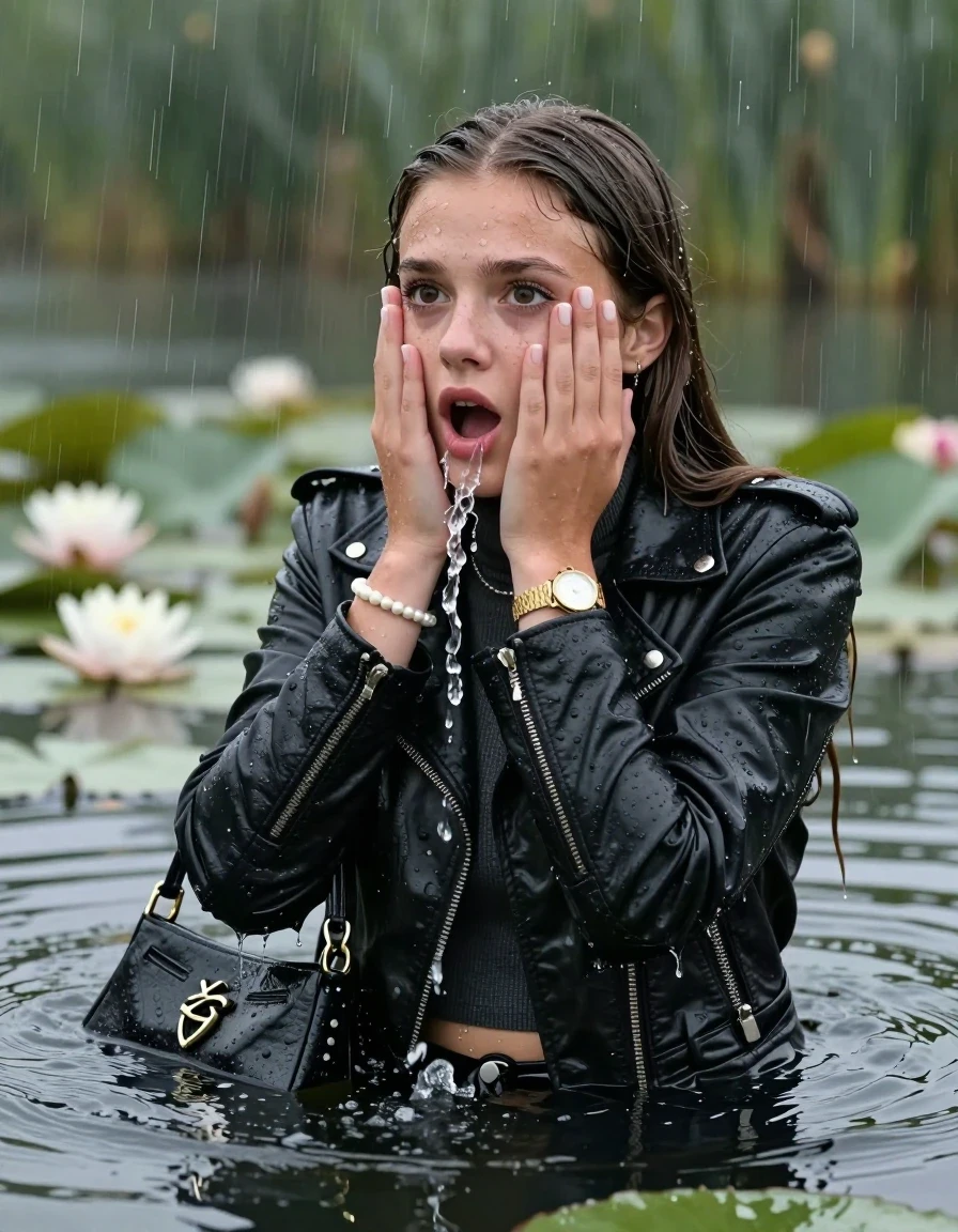 photo of young woman, in soaking wet, drenched clothes,
, , Black Biker leatherjacket, tight knit turtleneck sweater belly free, handbag, pearl necklace, bracelet, wristwatch, drowning in a lake with water lilies and reeds, heavy rain falls directely on her heads, 
enjoying, wet clothes stuck to body,
detailed textures of the wet clothes, wet face, wet plastered hair,
wet, drenched, professional, high-quality details, full body view.
sharp focus, ultra-high pixel detail, realistic, high-quality, full colors, incredibly detailed, 4k, 8k, 16k, hyper-realistic, RAW photo, masterpiece, ultra-detailed, professionally color graded, professional photograph, sleek long straight hair

15 years old  teenage girls

Only head and shoulders are over the surface visible. Open mouth, big eyes. Eyeliner is running down the cheeks. hold her hands over her face. spits out water.

The girls wear different clothes.

she is completely underwater up to her neck, afraid and astonished expression. 

her clothing is soaking wet and clinging tightly to her skin, showing heavy wet folds, darkened fabric texture, and deep water-saturated Patches, her clothes are heavy from the water, water runs from her body and her clothes in streams. A lot of water also runs out of her clothes. Her clothes are darkened by the water. Her submerged clothes are good visible under the water.  she soaked her handbag into the water.

close up view, wet skin, wet clothes, wet hair, damp fabric, water runs down the clothes, wet skin, wet clothes, damp fabric. cinematic medium shot, hyper-realistic wetness, high-contrast water sheen, sharp focus, 16k resolution, professional photography, realistic water physics., wet skin, wet clothes, damp fabric, wet skin, wet clothes, damp fabric, wet skin, wet clothes, damp fabric