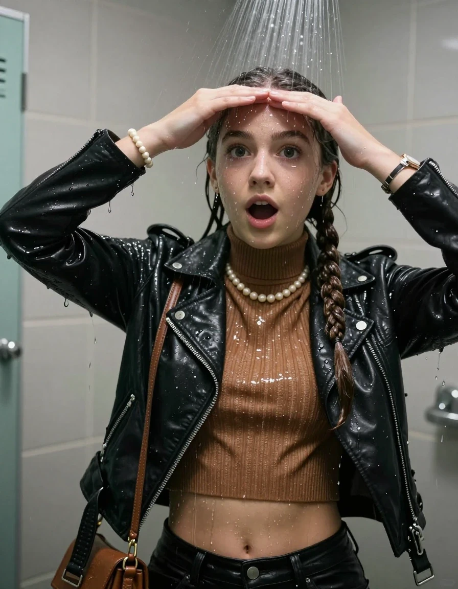 photo of young woman, in soaking wet, drenched clothes,
, , black Biker leatherjacket and brown biker leatherjacket, Tight knit turtleneck sweater belly free, handbag, pearl necklace, bracelet, wristwatch, Under the shower, strong jet of water, lokker room, 
enjoying, wet clothes stuck to body,
detailed textures of the wet clothes, wet face, wet plastered hair,
wet, drenched, professional, high-quality details, full body view.
sharp focus, ultra-high pixel detail, realistic, high-quality, full colors, incredibly detailed, 4k, 8k, 16k, hyper-realistic, RAW photo, masterpiece, ultra-detailed, professionally color graded, professional photograph, sleek long twisted ponytail

Two 15 years old  teenage girl

Only head and shoulders are over the surface visible. Open mouth, big eyes. Looking at camera. Hold a hand over her forehead.

she is completely underwater up to her neck, surprised and astonished expression. 

her submerged clothes are hardly vusible under water, she soaked her handbag into the water

close up view, wet skin, wet clothes, wet hair, damp fabric, water runs down the clothes, wet skin, wet clothes, damp fabric., wet skin, wet clothes, damp fabric, wet skin, wet clothes, damp fabric, wet skin, wet clothes, damp fabric, wet skin, wet clothes, damp fabric, wet skin, wet clothes, damp fabric, wet skin, wet clothes, damp fabric, wet skin, wet clothes, damp fabric, wet skin, wet clothes, damp fabric, wet skin, wet clothes, damp fabric