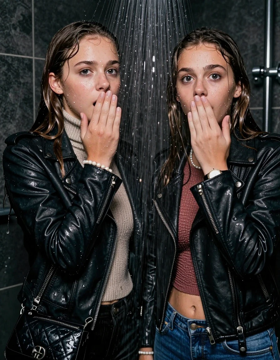 photo of young woman, in soaking wet, drenched clothes,
, , Biker leatherjacket, knit turtleneck sweater belly free, handbag, pearl necklace, bracelet, wristwatch, Under the shower, strong jet of water, party room, 
enjoying, wet clothes stuck to body,
detailed textures of the wet clothes, wet face, wet plastered hair,
wet, drenched, professional, high-quality details, full body view.
sharp focus, ultra-high pixel detail, realistic, high-quality, full colors, incredibly detailed, 4k, 8k, 16k, hyper-realistic, RAW photo, masterpiece, ultra-detailed, professionally color graded, professional photograph, sleek long straight hair

 two 15 years old  teenage girls

Only head and shoulders are over the surface visible. Open mouth, big eyes. Looking at camera. Hold her hand in front of her nose.

The girls wear different clothes.

she is completely underwater up to her neck, afraid and astonished expression. 

her clothing is soaking wet and clinging tightly to her skin, showing heavy wet folds, darkened fabric texture, and deep water-saturated Patches, her clothes are heavy from the water, water runs from her body and her clothes in streams. A lot of water also runs out of her clothes. Her clothes are darkened by the water. Her submerged clothes are good visible under the water.  she soaked her handbag into the water.

close up view, wet skin, wet clothes, wet hair, damp fabric, water runs down the clothes, wet skin, wet clothes, damp fabric. cinematic medium shot, hyper-realistic wetness, high-contrast water sheen, sharp focus, 16k resolution, professional photography, realistic water physics., wet skin, wet clothes, damp fabric, wet skin, wet clothes, damp fabric, wet skin, wet clothes, damp fabric