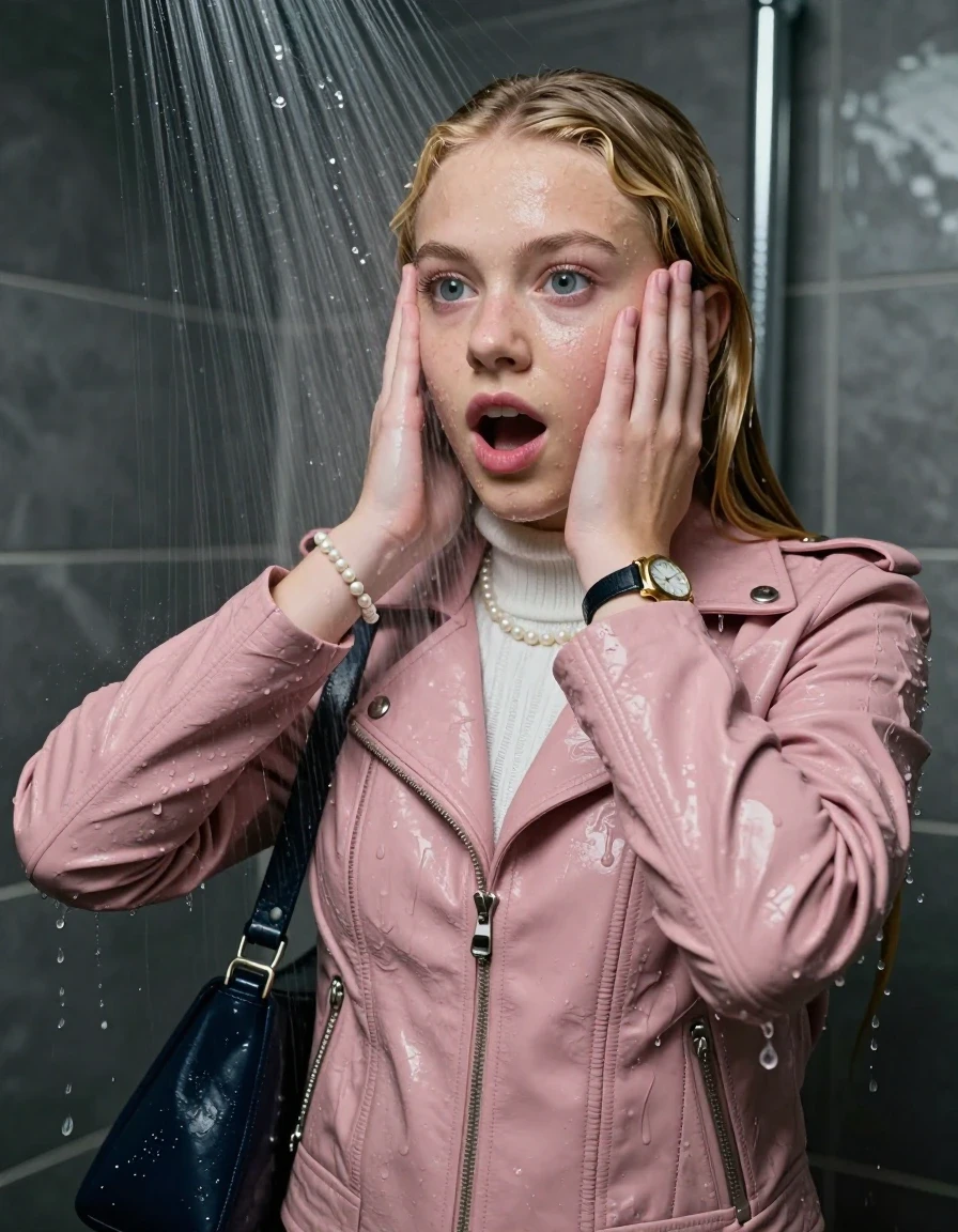photo of young woman, in soaking wet, drenched clothes,
, , Light pink Biker leatherjacket, white knit turtleneck sweater, handbag, pearl necklace, bracelet, wristwatch, Masturbate Under the shower, strong jet of water, party room, 
enjoying, wet clothes stuck to body,
detailed textures of the wet clothes, wet face, wet plastered hair,
wet, drenched, professional, high-quality details, full body view.
sharp focus, ultra-high pixel detail, realistic, high-quality, full colors, incredibly detailed, 4k, 8k, 16k, hyper-realistic, RAW photo, masterpiece, ultra-detailed, professionally color graded, professional photograph, Blonde sleek long straight hair

 15 years old  school girl

Only head and shoulders are over the surface visible. Open mouth, big eyes. Looking at camera. Hold her hands on her face.

The girls wear different clothes.

she is completely underwater up to her neck, surprised and astonished expression. 

her clothing is soaking wet and clinging tightly to her skin, showing heavy wet folds, darkened fabric texture, and deep water-saturated Patches, her clothes are heavy from the water, water runs from her body and her clothes in streams. A lot of water also runs out of her clothes. Her clothes are darkened by the water. Her submerged clothes are good visible under the water.  she soaked her handbag into the water.

close up view, wet skin, wet clothes, wet hair, damp fabric, water runs down the clothes, wet skin, wet clothes, damp fabric. cinematic medium shot, hyper-realistic wetness, high-contrast water sheen, sharp focus, 16k resolution, professional photography, realistic water physics., wet skin, wet clothes, damp fabric, wet skin, wet clothes, damp fabric, wet skin, wet clothes, damp fabric, wet skin, wet clothes, damp fabric