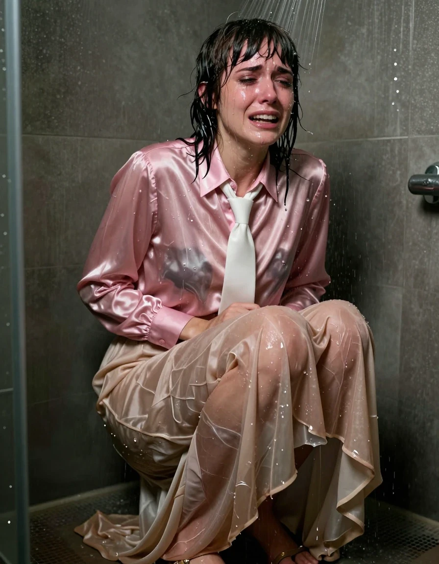 A photorealistic medium shot of a young adult European woman with Beatles-style hair, captured in a dimly lit shower stall. She is wearing a pink satin long-sleeved oversized button-down blouse with a white necktie, paired with a beige floor-length silk skirt layered over petticoats, and simple sandals. The clothing is completely drenched, with the silk skirt clinging heavily to her legs, showing deep saturated tones, heavy wet folds, and translucent patches where the fabric is water-saturated. The pink satin blouse is darkened and clinging to her skin, with water sheen and glossy highlights across the fabric surface. Her hair is matted and dripping, water streaming down her face. She has a complex expression of emotional distress, sobbing with tears mixed with shower water, while her body language suggests an intense, overwhelming physical release. The shower environment is moody and atmospheric, with low-key lighting catching the wet textures on her skin and the heavy, clinging fabric. High-resolution, cinematic lighting, realistic water droplets and flow, hyper-detailed wet textures.