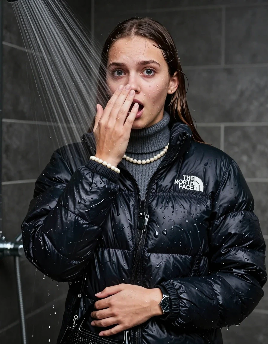 photo of young woman, in soaking wet, drenched clothes,
, , black nuptse north face puffer down jacket, knit turtleneck sweater belly free, handbag, pearl necklace, bracelet, wristwatch, Under the shower, strong jet of water, party shower, 
enjoying, wet clothes stuck to body,
detailed textures of the wet clothes, wet face, wet plastered hair,
wet, drenched, professional, high-quality details, full body view.
sharp focus, ultra-high pixel detail, realistic, high-quality, full colors, incredibly detailed, 4k, 8k, 16k, hyper-realistic, RAW photo, masterpiece, ultra-detailed, professionally color graded, professional photograph, sleek long straight hair

 15 years old  teenage girl

Only head and shoulders are over the surface visible. Looking at camera. Hold her hand in front of her nose.  open mouth, big eyes.

The girls wear different clothes.

she is completely underwater up to her neck, shocked and embarrassed expression. 

her clothing is soaking wet and clinging tightly to her skin, showing heavy wet folds, darkened fabric texture, and deep water-saturated Patches, her clothes are heavy from the water, water runs from her body and her clothes in streams. A lot of water also runs out of her clothes. Her clothes are darkened by the water. Her submerged clothes are good visible under the water.  she soaked her handbag into the water.

close up view, wet skin, wet clothes, wet hair, damp fabric, water runs down the clothes, wet skin, wet clothes, damp fabric. cinematic medium shot, hyper-realistic wetness, high-contrast water sheen, sharp focus, 8k resolution, professional photography, realistic water physics., wet skin, wet clothes, damp fabric, wet skin, wet clothes, damp fabric, wet skin, wet clothes, damp fabric