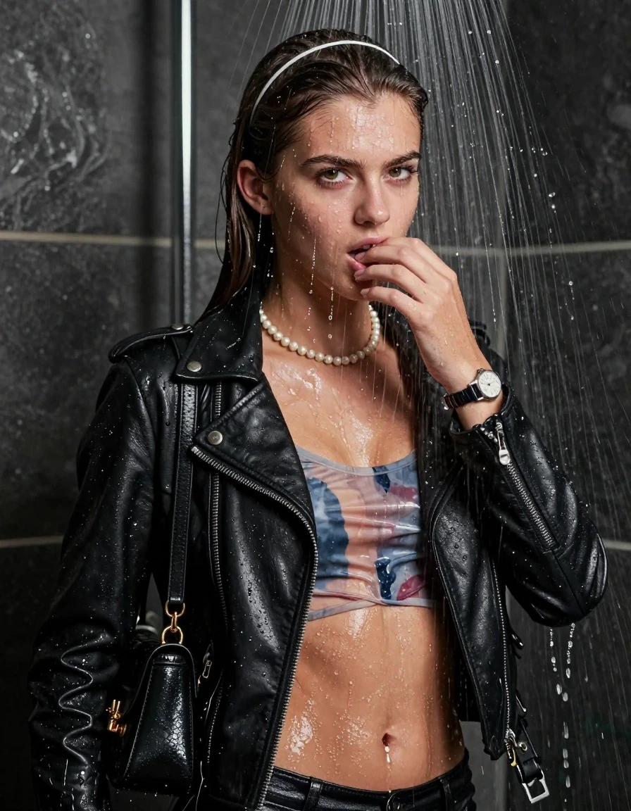 photo of young woman, in soaking wet, drenched clothes,
, , biker leatherjacket, tight sexy tshirt belly free, handbag, pearl necklace, bracelet, wristwatch, Under the shower, strong jet of water, party shower, 
enjoying, wet clothes stuck to body,
detailed textures of the wet clothes, wet face, wet plastered hair,
wet, drenched, professional, high-quality details, full body view.
sharp focus, ultra-high pixel detail, realistic, high-quality, full colors, incredibly detailed, 4k, 8k, 16k, hyper-realistic, RAW photo, masterpiece, ultra-detailed, professionally color graded, professional photograph, sleek long straight hair, hairband

 15 years old  teenage girl

Only head and shoulders are over the surface visible. Looking slightly away, eyes look at camera. The water splashes directly into her face. Hold her hand on her mouth. 

The girls wear different clothes.

she is completely underwater up to her neck, arrogant and frustrated expression. 

her clothing is soaking wet and clinging tightly to her skin, showing heavy wet folds, darkened fabric texture, and deep water-saturated Patches, her clothes are heavy from the water, water runs from her body and her clothes in streams. A lot of water also runs out of her clothes. Her clothes are darkened by the water. Her submerged clothes are good visible under the water.  she soaked her handbag into the water.

close up view, wet skin, wet clothes, wet hair, damp fabric, water runs down the clothes, wet skin, wet clothes, damp fabric. cinematic medium shot, hyper-realistic wetness, high-contrast water sheen, sharp focus, 16k resolution, professional photography, realistic water physics., wet skin, wet clothes, damp fabric, wet skin, wet clothes, damp fabric, wet skin, wet clothes, damp fabric