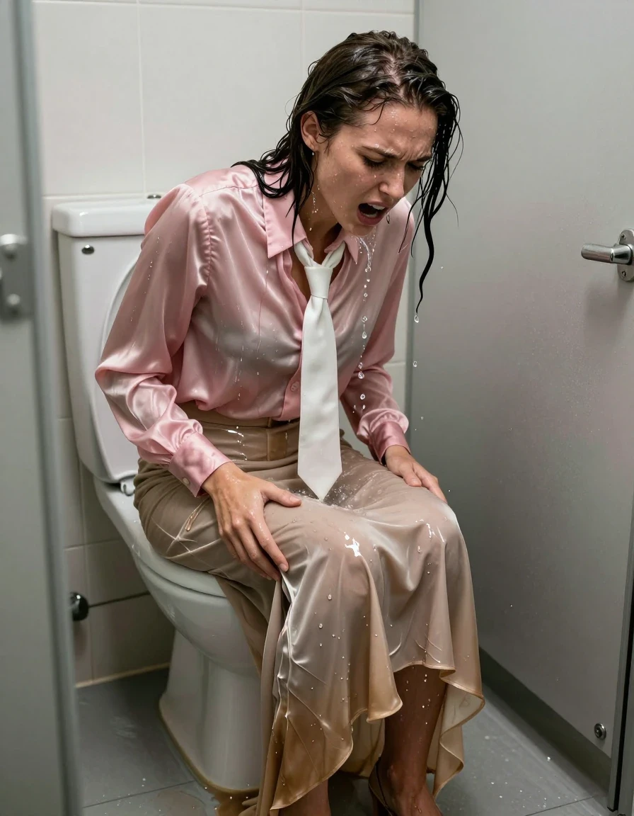 A photorealistic, high-contrast shot of a young adult European woman in a cramped toilet booth, her head shoved forcefully into the toilet bowl by an unseen female dominant boss, her face and hair dripping with water, skin glistening with wet sheen, gasping for air with a submissive and distressed expression. She is wearing an oversized pink satin long-sleeved blouse with a white necktie, the fabric heavily soaked, clinging to her skin, darkened by water, and showing deep wet folds. She wears a beige floor-length excessively long silk skirt with layers of petticoat underneath, the silk fabric water-heavy, translucent where saturated, clinging to her legs, and darkened to a deeper tan hue. She wears simple sandals on her feet. The environment is a claustrophobic, dimly lit, sterile toilet stall with tiled walls, water droplets splashing on the floor and ceramic surfaces. Cinematic lighting, sharp focus on the texture of wet silk and satin, realistic water physics, high-detail skin pores and wet hair strands, 8k resolution, professional photography style.