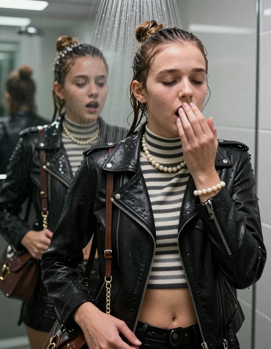 photo of young woman, in soaking wet, drenched clothes,
, , Biker leatherjacket, Tight Striped knit turtleneck sweater belly free, handbag, pearl necklace, bracelet, wristwatch, Under the shower, strong jet of water, modern mirrored bathroom, 
enjoying, wet clothes stuck to body,
detailed textures of the wet clothes, wet face, wet plastered hair,
wet, drenched, professional, high-quality details, full body view.
sharp focus, ultra-high pixel detail, realistic, high-quality, full colors, incredibly detailed, 4k, 8k, 16k, hyper-realistic, RAW photo, masterpiece, ultra-detailed, professionally color graded, professional photograph, Topknot

Two 15 years old  teenage girl

Only head and shoulders are over the surface visible. Open mouth, closed eyes. Looking slightly away. Hold a hand on her mouth.

she is completely underwater up to her neck, afraid and astonished expression. 

her submerged clothes are hardly vusible under water, she soaked her handbag into the water

close up view, wet skin, wet clothes, wet hair, damp fabric, water runs down the clothes, wet skin, wet clothes, damp fabric., wet skin, wet clothes, damp fabric, wet skin, wet clothes, damp fabric, wet skin, wet clothes, damp fabric, wet skin, wet clothes, damp fabric, wet skin, wet clothes, damp fabric, wet skin, wet clothes, damp fabric, wet skin, wet clothes, damp fabric, wet skin, wet clothes, damp fabric, wet skin, wet clothes, damp fabric