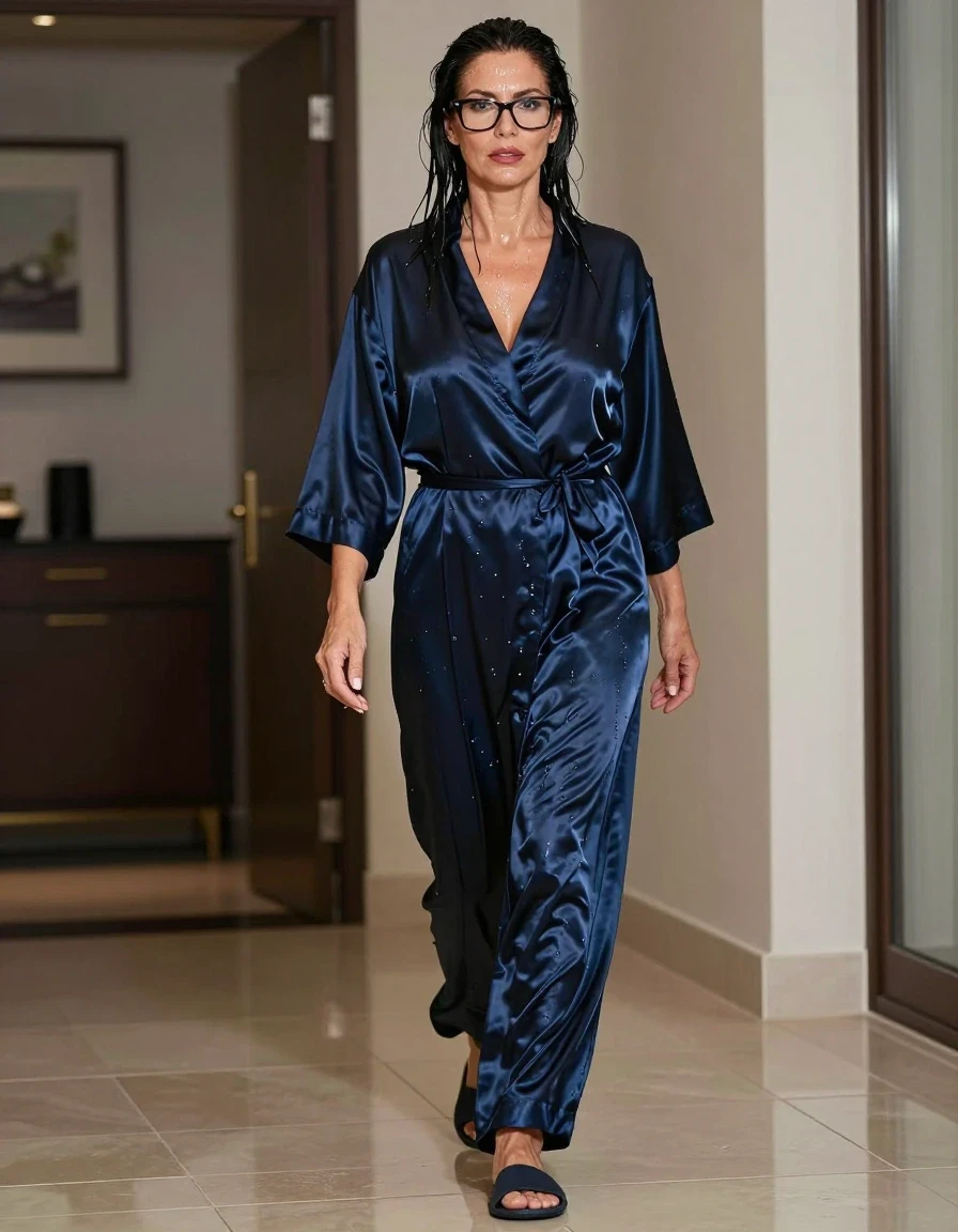 photo of young woman, in soaking wet, drenched clothes,
slippers, maxi long dark blue satin flared housecoat, maxi long dark blue satin flared housecoat, walking in hotel, enjoying wet clothes stuck body, enjoying, wet clothes stuck to body, 
enjoying, wet clothes stuck to body,
detailed textures of the wet clothes, wet face, wet plastered hair,
wet, drenched, professional, high-quality details, full body view.
sharp focus, ultra-high pixel detail, realistic, high-quality, full colors, incredibly detailed, 4k, 8k, 16k, hyper-realistic, RAW photo, masterpiece, ultra-detailed, professionally color graded, professional photograph, europen brunette skinny woman 50 years old, long dark black hair, very big and thick lips,  office glasses, complete body, wet skin, wet clothes, damp fabric, wet skin, wet clothes, damp fabric, wet skin, wet clothes, damp fabric, wet skin, wet clothes, damp fabric, wet skin, wet clothes, damp fabric, wet skin, wet clothes, damp fabric, wet skin, wet clothes, damp fabric