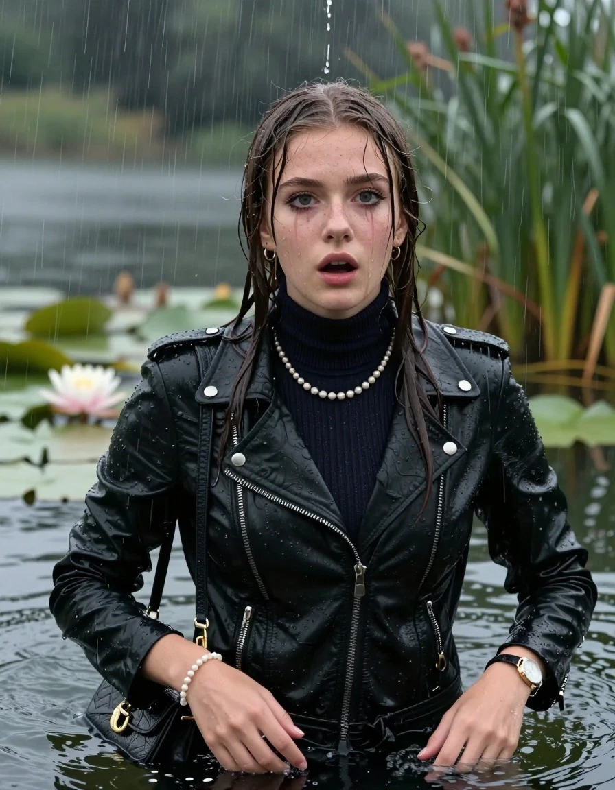 photo of young woman, in soaking wet, drenched clothes,
, , Black Biker leatherjacket, tight knit turtleneck sweater belly free, handbag, pearl necklace, bracelet, wristwatch, drowning in a lake with water lilies and reeds, heavy rain falls directely on her heads, 
enjoying, wet clothes stuck to body,
detailed textures of the wet clothes, wet face, wet plastered hair,
wet, drenched, professional, high-quality details, full body view.
sharp focus, ultra-high pixel detail, realistic, high-quality, full colors, incredibly detailed, 4k, 8k, 16k, hyper-realistic, RAW photo, masterpiece, ultra-detailed, professionally color graded, professional photograph, sleek long straight hair

15 years old  teenage girls

Only head and shoulders are over the surface visible. Open mouth, big eyes. Eyeliner is running down the cheeks.

The girls wear different clothes.

she is completely underwater up to her neck, horny and astonished expression. 

her clothing is soaking wet and clinging tightly to her skin, showing heavy wet folds, darkened fabric texture, and deep water-saturated Patches, her clothes are heavy from the water, water runs from her body and her clothes in streams. A lot of water also runs out of her clothes. Her clothes are darkened by the water. Her submerged clothes are good visible under the water.  she soaked her handbag into the water.

close up view, wet skin, wet clothes, wet hair, damp fabric, water runs down the clothes, wet skin, wet clothes, damp fabric. cinematic medium shot, hyper-realistic wetness, high-contrast water sheen, sharp focus, 16k resolution, professional photography, realistic water physics., wet skin, wet clothes, damp fabric, wet skin, wet clothes, damp fabric, wet skin, wet clothes, damp fabric