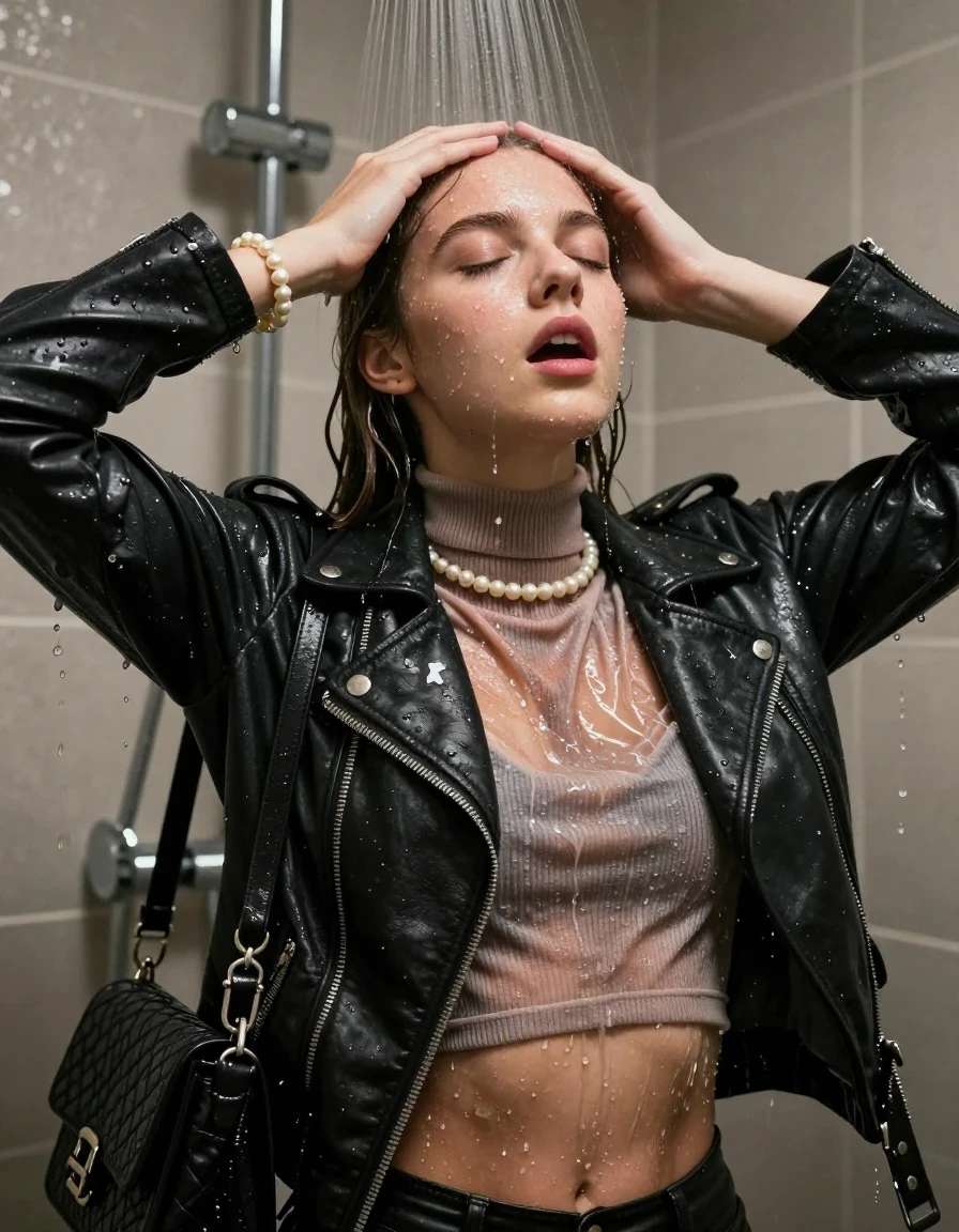 photo of young woman, in soaking wet, drenched clothes,
, , Biker leatherjacket, Tight knit turtleneck sweater belly free, handbag, pearl necklace, bracelet, wristwatch, Under the shower, strong jet of water, party room, 
enjoying, wet clothes stuck to body,
detailed textures of the wet clothes, wet face, wet plastered hair,
wet, drenched, professional, high-quality details, full body view.
sharp focus, ultra-high pixel detail, realistic, high-quality, full colors, incredibly detailed, 4k, 8k, 16k, hyper-realistic, RAW photo, masterpiece, ultra-detailed, professionally color graded, professional photograph, sleek long straight hair

 15 years old  teenage girl

Only head and shoulders are over the surface visible. Open mouth, closed eyes. Looking up. Hold her hands on her forehead.

The girls wear different clothes.

she is completely underwater up to her neck, shocked and astonished expression. 

her clothing is soaking wet and clinging tightly to her skin, showing heavy wet folds, darkened fabric texture, and deep water-saturated Patches, her clothes are heavy from the water, water runs from her body and her clothes in streams. A lot of water also runs out of her clothes. Her clothes are darkened by the water. Her submerged clothes are good visible under the water.  she soaked her handbag into the water.

close up view, wet skin, wet clothes, wet hair, damp fabric, water runs down the clothes, wet skin, wet clothes, damp fabric. cinematic medium shot, hyper-realistic wetness, high-contrast water sheen, sharp focus, 8k resolution, professional photography, realistic water physics., wet skin, wet clothes, damp fabric, wet skin, wet clothes, damp fabric
