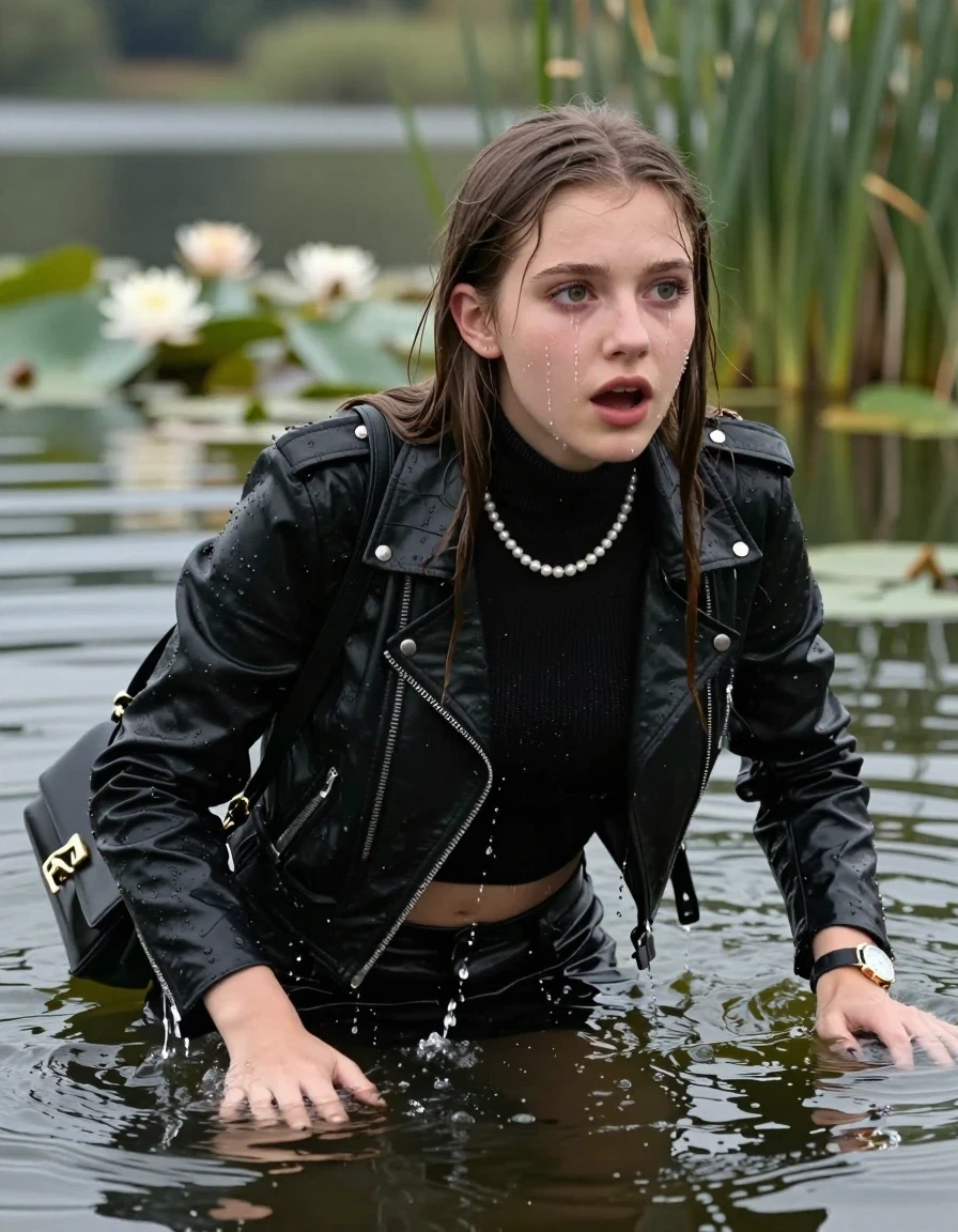 photo of young woman, in soaking wet, drenched clothes,
, , Black Biker leatherjacket, tight knit turtleneck sweater belly free, shoulderbag, pearl necklace, bracelet, wristwatch, drowning in a lake with water lilies and reeds, 
enjoying, wet clothes stuck to body,
detailed textures of the wet clothes, wet face, wet plastered hair,
wet, drenched, professional, high-quality details, full body view.
sharp focus, ultra-high pixel detail, realistic, high-quality, full colors, incredibly detailed, 4k, 8k, 16k, hyper-realistic, RAW photo, masterpiece, ultra-detailed, professionally color graded, professional photograph, sleek long straight hair

15 years old  teenage girls

Only head and shoulders are over the surface visible. Open mouth, big eyes. Eyeliner is running down the cheeks. leaning forward, lay her breast on the surface and tries to swim.

The girls wear different clothes.

she is completely underwater up to her neck, afraid and astonished expression. 

her clothing is soaking wet and clinging tightly to her skin, showing heavy wet folds, darkened fabric texture, and deep water-saturated Patches, her clothes are heavy from the water, water runs from her body and her clothes in streams. A lot of water also runs out of her clothes. Her clothes are darkened by the water. Her submerged clothes are good visible under the water.  she soaked her handbag into the water.

close up view, wet skin, wet clothes, wet hair, damp fabric, water runs down the clothes, wet skin, wet clothes, damp fabric. cinematic medium shot, hyper-realistic wetness, high-contrast water sheen, sharp focus, 16k resolution, professional photography, realistic water physics., wet skin, wet clothes, damp fabric, wet skin, wet clothes, damp fabric, wet skin, wet clothes, damp fabric