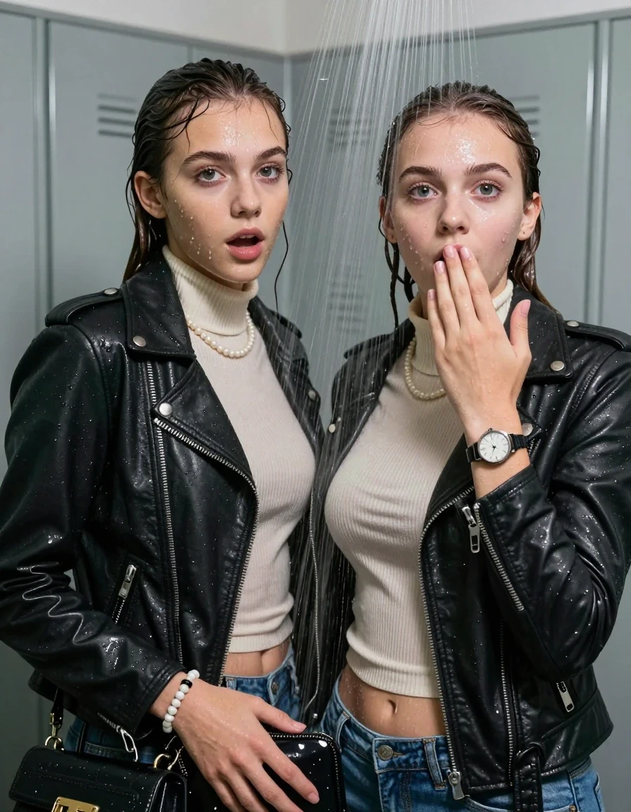 photo of young woman, in soaking wet, drenched clothes,
, , Biker leatherjacket, Tight knit turtleneck sweater belly free, handbag, pearl necklace, bracelet, wristwatch, Under the shower, strong jet of water, locker room, 
enjoying, wet clothes stuck to body,
detailed textures of the wet clothes, wet face, wet plastered hair,
wet, drenched, professional, high-quality details, full body view.
sharp focus, ultra-high pixel detail, realistic, high-quality, full colors, incredibly detailed, 4k, 8k, 16k, hyper-realistic, RAW photo, masterpiece, ultra-detailed, professionally color graded, professional photograph, sleek long twisted ponytail

Two 15 years old  teenage girl

Only head and shoulders are over the surface visible. Open mouth, big eyes. Looking at camera. Hold her hand in front of her mouth.

The girls wear different clothes.

she is completely underwater up to her neck, surprised and astonished expression. 

her submerged clothes are hardly vusible under water, she soaked her handbag into the water

close up view, wet skin, wet clothes, wet hair, damp fabric, water runs down the clothes, wet skin, wet clothes, damp fabric., wet skin, wet clothes, damp fabric, wet skin, wet clothes, damp fabric, wet skin, wet clothes, damp fabric, wet skin, wet clothes, damp fabric, wet skin, wet clothes, damp fabric, wet skin, wet clothes, damp fabric, wet skin, wet clothes, damp fabric, wet skin, wet clothes, damp fabric, wet skin, wet clothes, damp fabric, wet skin, wet clothes, damp fabric