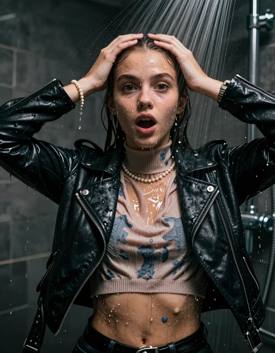 photo of young woman, in soaking wet, drenched clothes,
, , Biker leatherjacket, knit turtleneck sweater belly free, handbag, pearl necklace, bracelet, wristwatch, Under the shower, strong jet of water, party room, 
enjoying, wet clothes stuck to body,
detailed textures of the wet clothes, wet face, wet plastered hair,
wet, drenched, professional, high-quality details, full body view.
sharp focus, ultra-high pixel detail, realistic, high-quality, full colors, incredibly detailed, 4k, 8k, 16k, hyper-realistic, RAW photo, masterpiece, ultra-detailed, professionally color graded, professional photograph, sleek long straight hair

 15 years old  teenage girl

Only head and shoulders are over the surface visible. Open mouth, big eyes. Looking at camera. Hold her hands on her forehead.

The girls wear different clothes.

she is completely underwater up to her neck, surprised and astonished expression. 

her clothing is soaking wet and clinging tightly to her skin, showing heavy wet folds, darkened fabric texture, and deep water-saturated Patches, her clothes are heavy from the water, water runs from her body and her clothes in streams. A lot of water also runs out of her clothes. Her clothes are darkened by the water. Her submerged clothes are good visible under the water.  she soaked her handbag into the water.

close up view, wet skin, wet clothes, wet hair, damp fabric, water runs down the clothes, wet skin, wet clothes, damp fabric. cinematic medium shot, hyper-realistic wetness, high-contrast water sheen, sharp focus, 8k resolution, professional photography, realistic water physics., wet skin, wet clothes, damp fabric, wet skin, wet clothes, damp fabric, wet skin, wet clothes, damp fabric