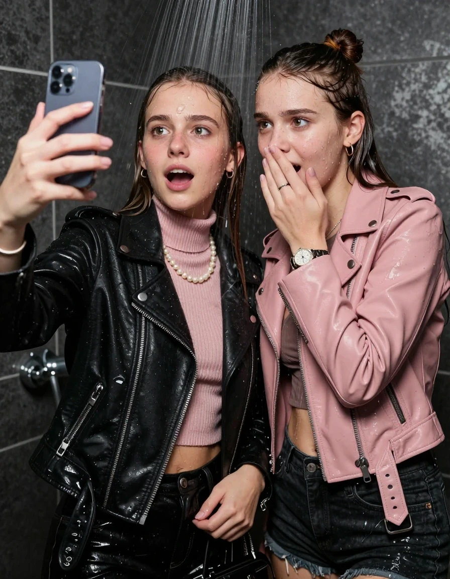 photo of young woman, in soaking wet, drenched clothes,
, , Black Biker leatherjacket and light pink leatherjacket, knit turtleneck sweater belly free, handbag, pearl necklace, bracelet, wristwatch, Under the shower, strong jet of water, party room, 
enjoying, wet clothes stuck to body,
detailed textures of the wet clothes, wet face, wet plastered hair,
wet, drenched, professional, high-quality details, full body view.
sharp focus, ultra-high pixel detail, realistic, high-quality, full colors, incredibly detailed, 4k, 8k, 16k, hyper-realistic, RAW photo, masterpiece, ultra-detailed, professionally color graded, professional photograph, sleek long straight hair and topknot

 two 15 years old  teenage girls

Only head and shoulders are over the surface visible. Looking at camera. Hold her hand in front of her nose. one girl take a selfie with her smartphone.

The girls wear different clothes.

she is completely underwater up to her neck, afraid and astonished expression but they giggle anyway.

her clothing is soaking wet and clinging tightly to her skin, showing heavy wet folds, darkened fabric texture, and deep water-saturated Patches, her clothes are heavy from the water, water runs from her body and her clothes in streams. A lot of water also runs out of her clothes. Her clothes are darkened by the water. Her submerged clothes are good visible under the water.  she soaked her handbag into the water.

close up view, wet skin, wet clothes, wet hair, damp fabric, water runs down the clothes, wet skin, wet clothes, damp fabric. cinematic medium shot, hyper-realistic wetness, high-contrast water sheen, sharp focus, 16k resolution, professional photography, realistic water physics., wet skin, wet clothes, damp fabric, wet skin, wet clothes, damp fabric, wet skin, wet clothes, damp fabric, wet skin, wet clothes, damp fabric
