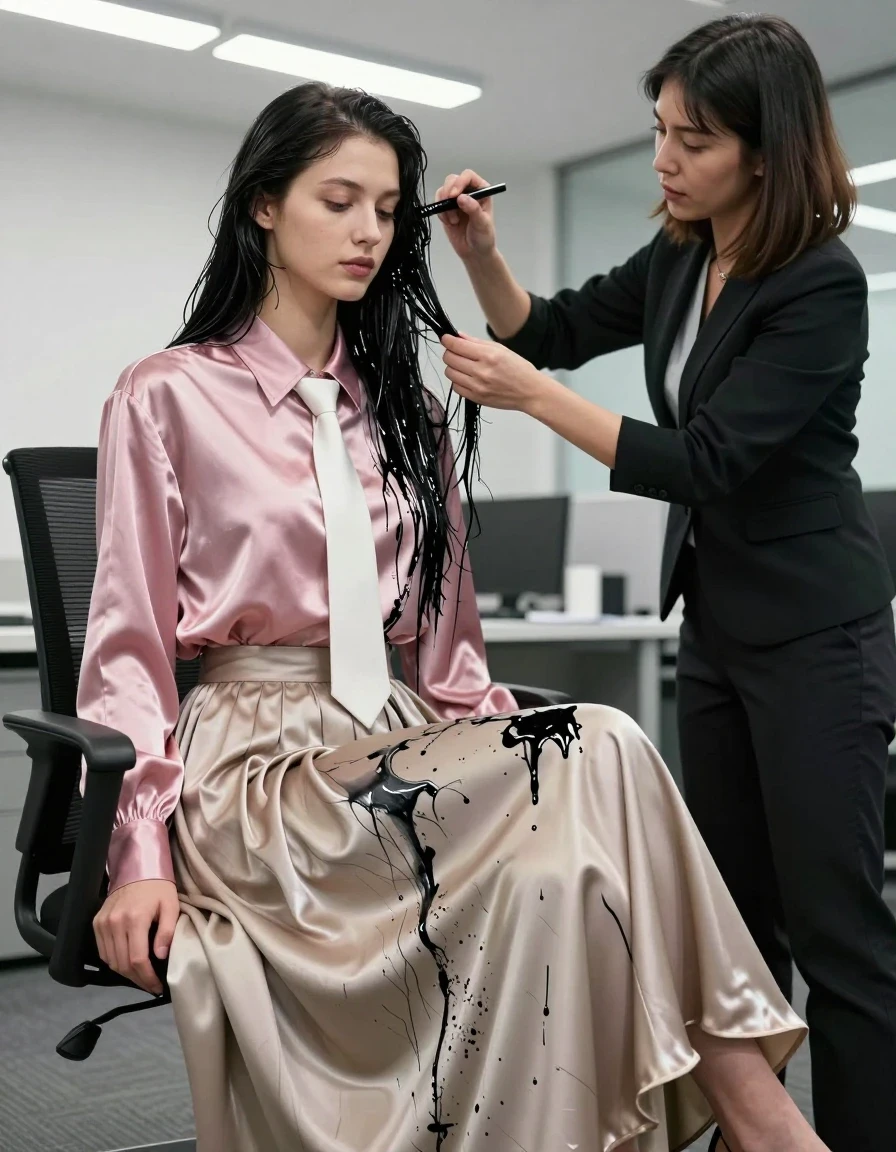 A photorealistic medium shot of a young adult European woman in a professional office setting. She is wearing a pink satin long-sleeved oversized blouse with a crisp white necktie, paired with a beige floor-length excessively long silk skirt with multiple voluminous layers of petticoat, and simple sandals. The scene depicts a submissive moment as her female dominant boss stands over her, smearing thick, dark black ink across the woman's hair and clothing. The ink creates a wet, viscous texture; it clings to her hair in dark, heavy strands, and saturates the fabric of the pink satin blouse and beige silk skirt, causing the material to darken significantly, cling to her form, and display deep, glossy, light-reflecting wet patches. The ink pools in the folds of the petticoats and creates dark, stained streaks down the sleeves and bodice. The lighting is bright, clinical office overhead fluorescent lighting that catches the wet sheen of the ink and the reflective quality of the satin. High-resolution, sharp focus on the textures of the smeared ink, the delicate silk, and the skin, cinematic composition, 8k resolution, highly detailed.