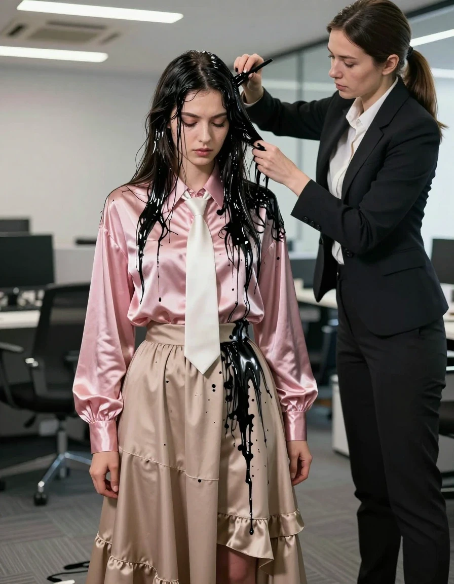 A photorealistic medium shot of a young adult European woman in a professional office setting. She is wearing a pink satin long-sleeved oversized blouse with a crisp white necktie, paired with a beige floor-length silk skirt featuring multiple layers of petticoats that pool around her sandals. The scene depicts a submissive dynamic as her female dominant boss stands over her, smearing thick, dark black ink across the woman's hair and clothing. The ink is viscous and wet, creating dark, heavy, saturated streaks that weigh down her hair strands and cling to the fabric of the satin blouse and silk skirt, causing the material to darken, cling to her form, and exhibit high-gloss specular reflections where the ink saturates the textiles. The office environment is softly lit with professional fluorescent lighting, casting realistic highlights on the wet, ink-stained surfaces. The woman has a submissive, downcast expression. High-resolution, cinematic lighting, 8k, detailed skin texture, realistic fabric physics, sharp focus on the ink-stained textures.