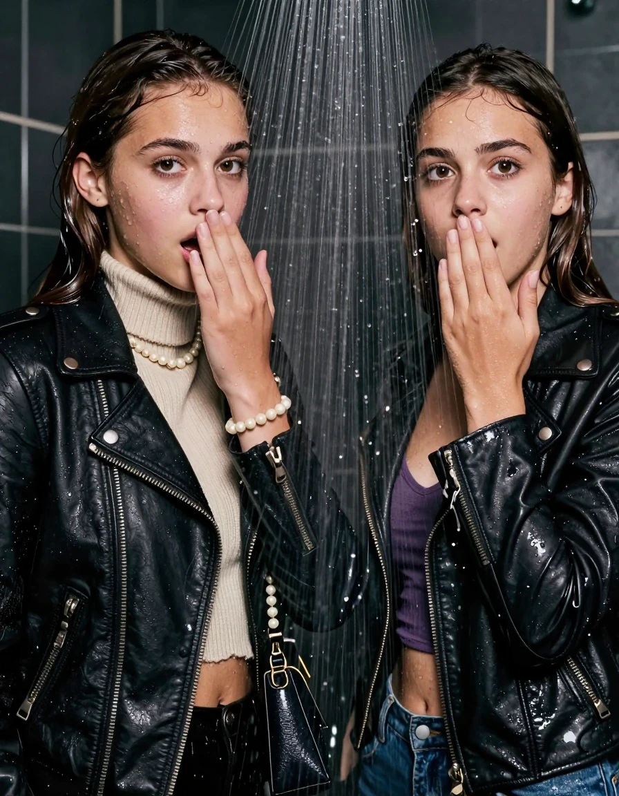 photo of young woman, in soaking wet, drenched clothes,
, , Biker leatherjacket, knit turtleneck sweater belly free, handbag, pearl necklace, bracelet, wristwatch, Under the shower, strong jet of water, party room, 
enjoying, wet clothes stuck to body,
detailed textures of the wet clothes, wet face, wet plastered hair,
wet, drenched, professional, high-quality details, full body view.
sharp focus, ultra-high pixel detail, realistic, high-quality, full colors, incredibly detailed, 4k, 8k, 16k, hyper-realistic, RAW photo, masterpiece, ultra-detailed, professionally color graded, professional photograph, sleek long straight hair

 two 15 years old  teenage girls

Only head and shoulders are over the surface visible. Open mouth, big eyes. Looking at camera. Hold her hand in front of her nose.

The girls wear different clothes.

she is completely underwater up to her neck, afraid and astonished expression. 

her clothing is soaking wet and clinging tightly to her skin, showing heavy wet folds, darkened fabric texture, and deep water-saturated Patches, her clothes are heavy from the water, water runs from her body and her clothes in streams. A lot of water also runs out of her clothes. Her clothes are darkened by the water. Her submerged clothes are good visible under the water.  she soaked her handbag into the water.

close up view, wet skin, wet clothes, wet hair, damp fabric, water runs down the clothes, wet skin, wet clothes, damp fabric. cinematic medium shot, hyper-realistic wetness, high-contrast water sheen, sharp focus, 16k resolution, professional photography, realistic water physics., wet skin, wet clothes, damp fabric, wet skin, wet clothes, damp fabric, wet skin, wet clothes, damp fabric