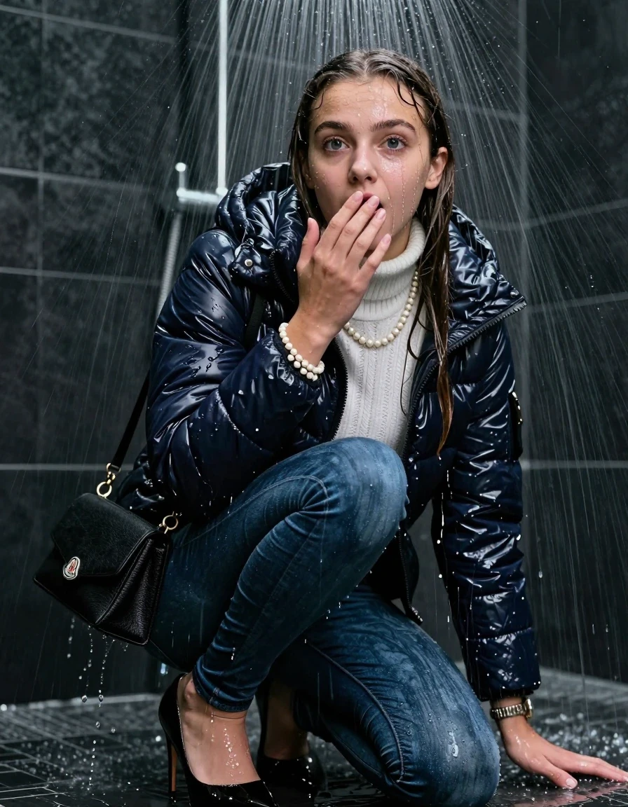 photo of young woman, in soaking wet, drenched clothes,
Heels, Tight Skinny jeans, Moncler shiny puffer down jacket , white knit turtleneck sweater, handbag, pearl necklace, bracelet, wristwatch, Under the shower, strong jet of water, party room, 
enjoying, wet clothes stuck to body,
detailed textures of the wet clothes, wet face, wet plastered hair,
wet, drenched, professional, high-quality details, full body view.
sharp focus, ultra-high pixel detail, realistic, high-quality, full colors, incredibly detailed, 4k, 8k, 16k, hyper-realistic, RAW photo, masterpiece, ultra-detailed, professionally color graded, professional photograph, sleek long straight hair, wer plastered hair

 15-years-old teenage girl

Only head and shoulders are over the surface visible. Open mouth, big eyes. Looking at camera. Hold her hand on her mouth.

The girls wear different clothes.

she is completely underwater up to her neck, surprised and astonished expression. 

her clothing is soaking wet and clinging tightly to her skin, showing heavy wet folds, darkened fabric texture, and deep water-saturated Patches, her clothes are heavy from the water, water runs from her body and her clothes in streams. A lot of water also runs out of her clothes. Her clothes are darkened by the water. Her submerged clothes are good visible under the water.  she soaked her handbag into the water.

close up view, wet skin, wet clothes, wet hair, damp fabric, water runs down the clothes, wet skin, wet clothes, damp fabric. cinematic medium shot, hyper-realistic wetness, high-contrast water sheen, sharp focus, 16k resolution, professional photography, realistic water physics., wet skin, wet clothes, damp fabric, wet skin, wet clothes, damp fabric, wet skin, wet clothes, damp fabric