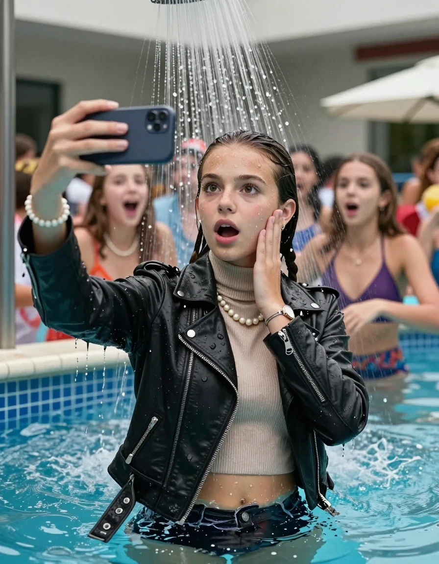 photo of young woman, in soaking wet, drenched clothes,
, , Biker leatherjacket, Tight knit turtleneck sweater belly free, handbag, pearl necklace, bracelet, wristwatch, Under the pool shower, strong jet of water, indoor swimming pool, pool party, her different clothed friends watching her shocked from the edge, 
enjoying, wet clothes stuck to body,
detailed textures of the wet clothes, wet face, wet plastered hair,
wet, drenched, professional, high-quality details, full body view.
sharp focus, ultra-high pixel detail, realistic, high-quality, full colors, incredibly detailed, 4k, 8k, 16k, hyper-realistic, RAW photo, masterpiece, ultra-detailed, professionally color graded, professional photograph, sleek long twisted ponytail

Two 15 years old  teenage girl

Only head and shoulders are over the surface visible. Open mouth, big eyes. Looking at camera. Hold her hand on her cheek. take a selfie with her smartphone.

The girls wear different clothes.

she is completely underwater up to her neck, surprised and astonished expression. 

her submerged clothes are hardly vusible under water, she soaked her handbag into the water

close up view, wet skin, wet clothes, wet hair, damp fabric, water runs down the clothes, wet skin, wet clothes, damp fabric., wet skin, wet clothes, damp fabric, wet skin, wet clothes, damp fabric, wet skin, wet clothes, damp fabric, wet skin, wet clothes, damp fabric, wet skin, wet clothes, damp fabric, wet skin, wet clothes, damp fabric, wet skin, wet clothes, damp fabric, wet skin, wet clothes, damp fabric, wet skin, wet clothes, damp fabric