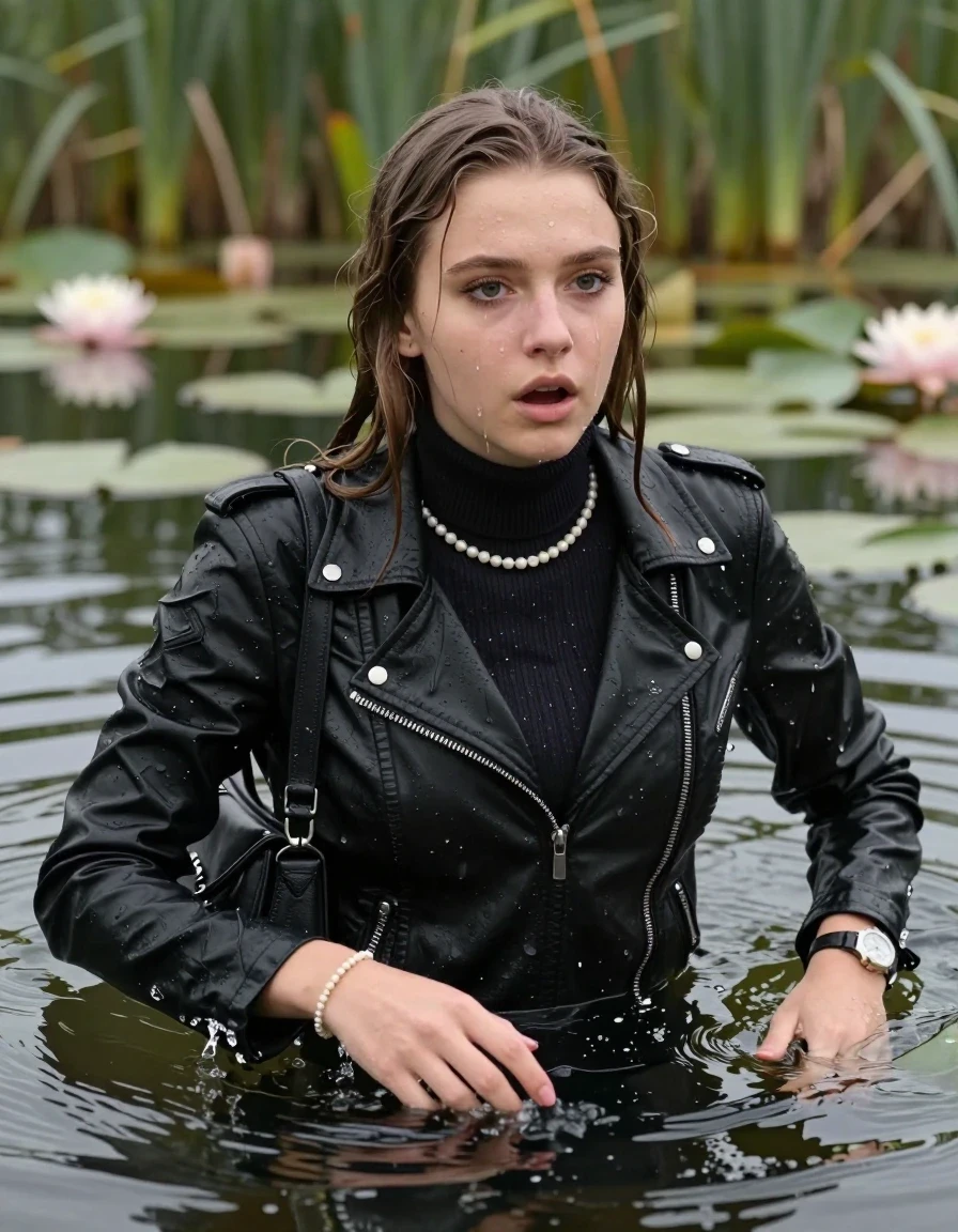 photo of young woman, in soaking wet, drenched clothes,
, , Black Biker leatherjacket, tight knit turtleneck sweater belly free, shoulderbag, pearl necklace, bracelet, wristwatch, drowning in a lake with water lilies and reeds, 
enjoying, wet clothes stuck to body,
detailed textures of the wet clothes, wet face, wet plastered hair,
wet, drenched, professional, high-quality details, full body view.
sharp focus, ultra-high pixel detail, realistic, high-quality, full colors, incredibly detailed, 4k, 8k, 16k, hyper-realistic, RAW photo, masterpiece, ultra-detailed, professionally color graded, professional photograph, sleek long straight hair

15 years old  teenage girls

Only head and shoulders are over the surface visible. Open mouth, big eyes. Eyeliner is running down the cheeks. leaning her breast on the surface and tries to swim.

The girls wear different clothes.

she is completely underwater up to her neck, afraid and astonished expression. 

her clothing is soaking wet and clinging tightly to her skin, showing heavy wet folds, darkened fabric texture, and deep water-saturated Patches, her clothes are heavy from the water, water runs from her body and her clothes in streams. A lot of water also runs out of her clothes. Her clothes are darkened by the water. Her submerged clothes are good visible under the water.  she soaked her handbag into the water.

close up view, wet skin, wet clothes, wet hair, damp fabric, water runs down the clothes, wet skin, wet clothes, damp fabric. cinematic medium shot, hyper-realistic wetness, high-contrast water sheen, sharp focus, 16k resolution, professional photography, realistic water physics., wet skin, wet clothes, damp fabric, wet skin, wet clothes, damp fabric, wet skin, wet clothes, damp fabric