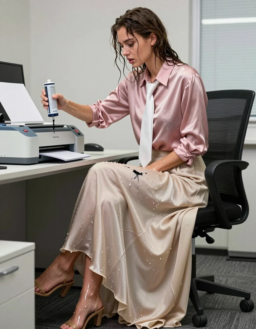 photo of young woman, in soaking wet, drenched clothes,
sandals, beige floor-length excessively long silk skirt, layers of petticoat, pink satin long-sleeved oversized blouse, white necktie, office, 
enjoying, wet clothes stuck to body,
detailed textures of the wet clothes, wet face, wet plastered hair,
wet, drenched, professional, high-quality details, full body view.
sharp focus, ultra-high pixel detail, realistic, high-quality, full colors, incredibly detailed, 4k, 8k, 16k, hyper-realistic, RAW photo, masterpiece, ultra-detailed, professionally color graded, professional photograph, she smears ink on herself agressively from printer cartridge, wet skin, wet clothes, damp fabric