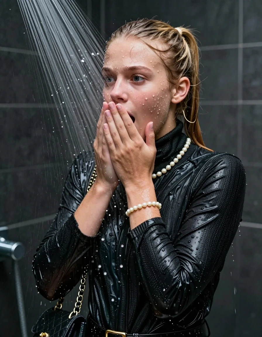photo of young woman, in soaking wet, drenched clothes,
, , Black knit turtleneck sweater belly free, handbag, pearl necklace, bracelet, wristwatch, Under the shower, strong jet of water, party shower, 
enjoying, wet clothes stuck to body,
detailed textures of the wet clothes, wet face, wet plastered hair,
wet, drenched, professional, high-quality details, full body view.
sharp focus, ultra-high pixel detail, realistic, high-quality, full colors, incredibly detailed, 4k, 8k, 16k, hyper-realistic, RAW photo, masterpiece, ultra-detailed, professionally color graded, professional photograph, Blonde sleek long high ponytail

 15 years old  teenage girl

Only head and shoulders are over the surface visible. Looking slightly away. The water splashes directly into her face. Hold her hands over her mouth.  open mouth, big eyes.

The girls wear different clothes.

she is completely underwater up to her neck, shocked and embarrassed expression. 

her clothing is soaking wet and clinging tightly to her skin, showing heavy wet folds, darkened fabric texture, and deep water-saturated Patches, her clothes are heavy from the water, water runs from her body and her clothes in streams. A lot of water also runs out of her clothes. Her clothes are darkened by the water. Her submerged clothes are good visible under the water.  she soaked her handbag into the water.

close up view, wet skin, wet clothes, wet hair, damp fabric, water runs down the clothes, wet skin, wet clothes, damp fabric. cinematic medium shot, hyper-realistic wetness, high-contrast water sheen, sharp focus, 8k resolution, professional photography, realistic water physics., wet skin, wet clothes, damp fabric, wet skin, wet clothes, damp fabric, wet skin, wet clothes, damp fabric, wet skin, wet clothes, damp fabric, wet skin, wet clothes, damp fabric