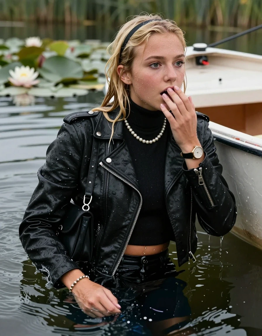photo of young woman, in soaking wet, drenched clothes,
, , Black Biker leatherjacket, tight knit turtleneck sweater belly free, shoulderbag, pearl necklace, bracelet, wristwatch, sinking and drowning in a lake with a boat with water lilies and reeds, 
enjoying, wet clothes stuck to body,
detailed textures of the wet clothes, wet face, wet plastered hair,
wet, drenched, professional, high-quality details, full body view.
sharp focus, ultra-high pixel detail, realistic, high-quality, full colors, incredibly detailed, 4k, 8k, 16k, hyper-realistic, RAW photo, masterpiece, ultra-detailed, professionally color graded, professional photograph, blonde sleek long straight hair, hairband

15 years old  teenage girls

Only head and shoulders are over the surface visible. Open mouth, big eyes. hold a hand on her mouth. leaning forward, lay her breast on the surface and tries to swim to the boat.

The girls wear different clothes.

she is completely underwater up to her neck, shocked and astonished expression. 

her clothing is soaking wet and clinging tightly to her skin, showing heavy wet folds, darkened fabric texture, and deep water-saturated Patches, her clothes are heavy from the water, water runs from her body and her clothes in streams. A lot of water also runs out of her clothes. Her clothes are darkened by the water. Her submerged clothes are good visible under the water.  she soaked her handbag into the water.

close up view, zoom in, wet skin, wet clothes, wet hair, damp fabric, water runs down the clothes, wet skin, wet clothes, damp fabric. cinematic medium shot, hyper-realistic wetness, high-contrast water sheen, sharp focus, 16k resolution, professional photography, realistic water physics., wet skin, wet clothes, damp fabric, wet skin, wet clothes, damp fabric, wet skin, wet clothes, damp fabric