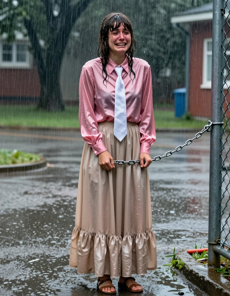 A photorealistic medium shot of a young adult European woman with Beatles-style hair, standing in an empty schoolyard during a torrential downpour. She is wearing a pink satin long-sleeved oversized buttoned-down blouse with a crisp white necktie, paired with a beige floor-length excessively long silk skirt layered over multiple petticoats. The fabric of the blouse and skirt is heavily drenched, clinging to her form with deep, saturated color shifts, heavy wet folds, and intense water sheen. She is wearing simple sandals on her feet. She is visibly sobbing, her face wet with rain and tears, and her hair is plastered to her head in wet strands. She is chained by her wrists to a chain-link fence, her body slumped in a moment of distress. The environment is dark and stormy, with heavy rain streaks visible in the air and puddles forming on the asphalt ground. Cinematic lighting, high-contrast reflections on wet surfaces, hyper-detailed textures, 8k resolution, raw photographic style.