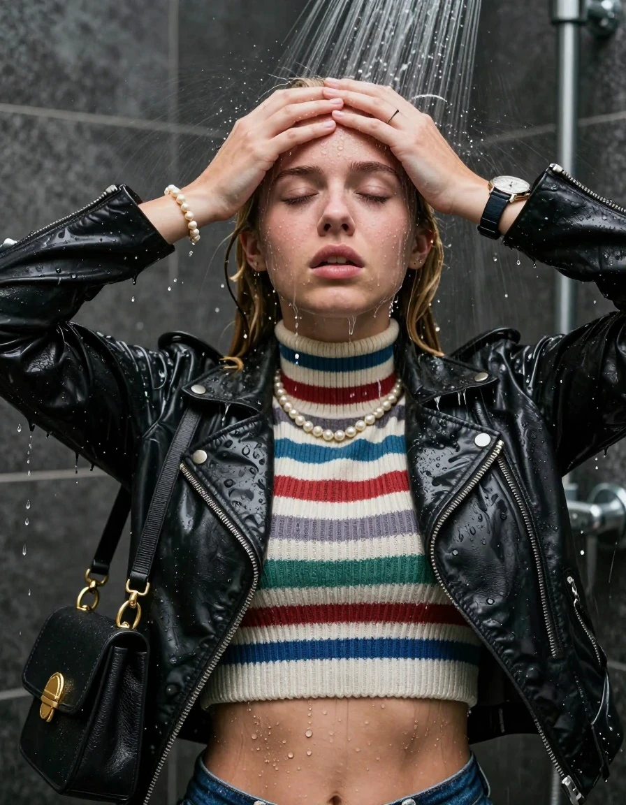 photo of young woman, in soaking wet, drenched clothes,
, , Biker leatherjacket, striped knit turtleneck sweater belly free, handbag, pearl necklace, bracelet, wristwatch, Under the shower, strong jet of water, party shower, 
enjoying, wet clothes stuck to body,
detailed textures of the wet clothes, wet face, wet plastered hair,
wet, drenched, professional, high-quality details, full body view.
sharp focus, ultra-high pixel detail, realistic, high-quality, full colors, incredibly detailed, 4k, 8k, 16k, hyper-realistic, RAW photo, masterpiece, ultra-detailed, professionally color graded, professional photograph, blonde pigtails

 15 years old  teenage girl

Only head and shoulders are over the surface visible. Looking at camera. Hold her hands over her forehead. closed eyes.

The girls wear different clothes.

she is completely underwater up to her neck, afraid and embarrassed expression. 

her clothing is soaking wet and clinging tightly to her skin, showing heavy wet folds, darkened fabric texture, and deep water-saturated Patches, her clothes are heavy from the water, water runs from her body and her clothes in streams. A lot of water also runs out of her clothes. Her clothes are darkened by the water. Her submerged clothes are good visible under the water.  she soaked her handbag into the water.

close up view, wet skin, wet clothes, wet hair, damp fabric, water runs down the clothes, wet skin, wet clothes, damp fabric. cinematic medium shot, hyper-realistic wetness, high-contrast water sheen, sharp focus, 8k resolution, professional photography, realistic water physics., wet skin, wet clothes, damp fabric, wet skin, wet clothes, damp fabric, wet skin, wet clothes, damp fabric