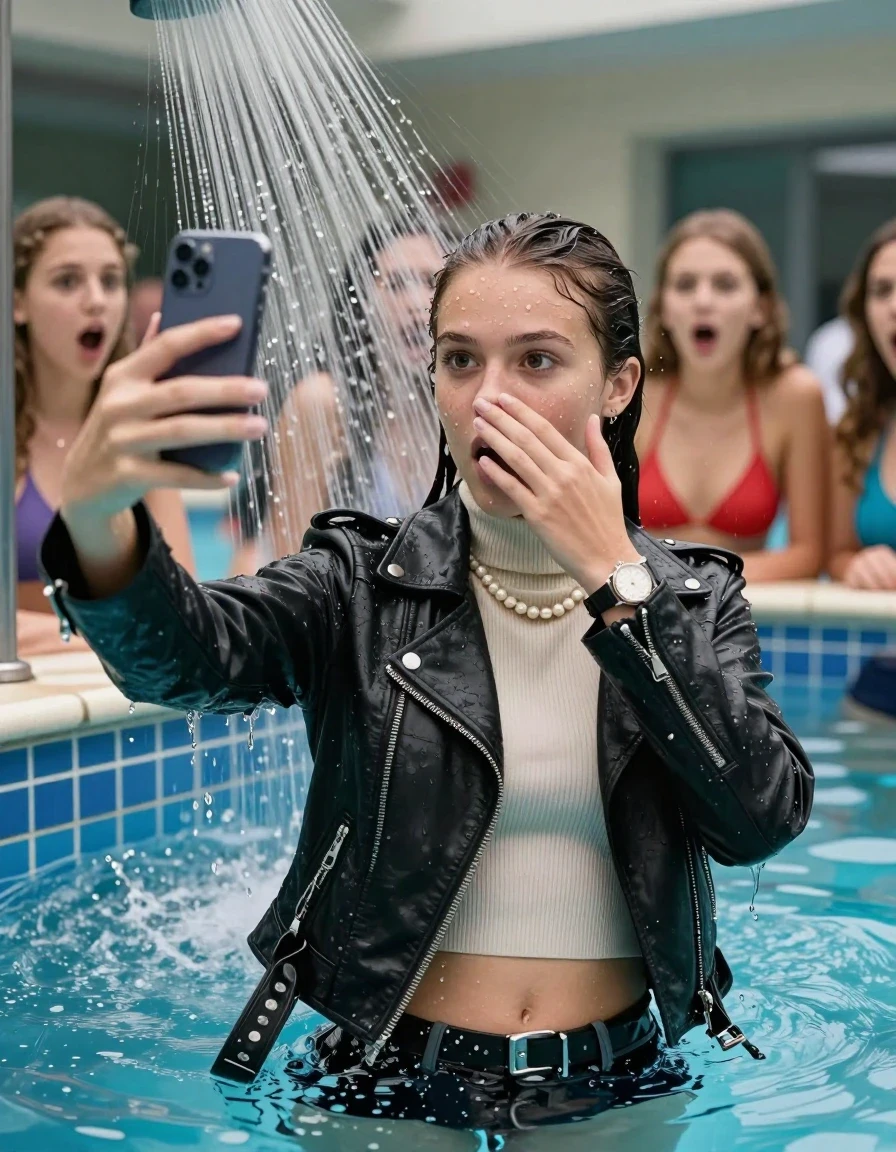 photo of young woman, in soaking wet, drenched clothes,
, , Biker leatherjacket, Tight knit turtleneck sweater belly free, handbag, pearl necklace, bracelet, wristwatch, Under the pool shower, strong jet of water, indoor swimming pool, pool party, her different clothed friends watching her shocked from the edge, 
enjoying, wet clothes stuck to body,
detailed textures of the wet clothes, wet face, wet plastered hair,
wet, drenched, professional, high-quality details, full body view.
sharp focus, ultra-high pixel detail, realistic, high-quality, full colors, incredibly detailed, 4k, 8k, 16k, hyper-realistic, RAW photo, masterpiece, ultra-detailed, professionally color graded, professional photograph, sleek long twisted ponytail

Two 15 years old  teenage girl

Only head and shoulders are over the surface visible. Open mouth, big eyes. Looking at camera. Hold her hand in front of her nose. take a selfie with her smartphone.

The girls wear different clothes.

she is completely underwater up to her neck, surprised and astonished expression. 

her submerged clothes are hardly vusible under water, she soaked her handbag into the water

close up view, wet skin, wet clothes, wet hair, damp fabric, water runs down the clothes, wet skin, wet clothes, damp fabric., wet skin, wet clothes, damp fabric, wet skin, wet clothes, damp fabric, wet skin, wet clothes, damp fabric, wet skin, wet clothes, damp fabric, wet skin, wet clothes, damp fabric, wet skin, wet clothes, damp fabric, wet skin, wet clothes, damp fabric, wet skin, wet clothes, damp fabric, wet skin, wet clothes, damp fabric