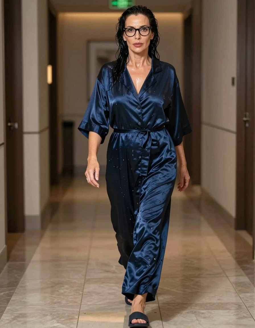 photo of young woman, in soaking wet, drenched clothes,
slippers, maxi long dark blue satin flared housecoat, maxi long dark blue satin flared housecoat, walking in hotel, enjoying wet clothes stuck body, enjoying, wet clothes stuck to body, 
enjoying, wet clothes stuck to body,
detailed textures of the wet clothes, wet face, wet plastered hair,
wet, drenched, professional, high-quality details, full body view.
sharp focus, ultra-high pixel detail, realistic, high-quality, full colors, incredibly detailed, 4k, 8k, 16k, hyper-realistic, RAW photo, masterpiece, ultra-detailed, professionally color graded, professional photograph, europen brunette skinny woman 50 years old, long dark black hair, very big and thick lips,  office glasses, complete body, wet skin, wet clothes, damp fabric, wet skin, wet clothes, damp fabric, wet skin, wet clothes, damp fabric, wet skin, wet clothes, damp fabric, wet skin, wet clothes, damp fabric, wet skin, wet clothes, damp fabric, wet skin, wet clothes, damp fabric