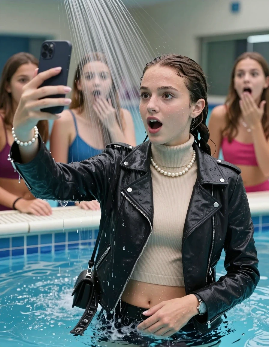 photo of young woman, in soaking wet, drenched clothes,
, , Biker leatherjacket, Tight knit turtleneck sweater belly free, handbag, pearl necklace, bracelet, wristwatch, Under the pool shower, strong jet of water, indoor swimming pool, pool party, her different clothed friends watching her shocked from the edge, 
enjoying, wet clothes stuck to body,
detailed textures of the wet clothes, wet face, wet plastered hair,
wet, drenched, professional, high-quality details, full body view.
sharp focus, ultra-high pixel detail, realistic, high-quality, full colors, incredibly detailed, 4k, 8k, 16k, hyper-realistic, RAW photo, masterpiece, ultra-detailed, professionally color graded, professional photograph, sleek long twisted ponytail

Two 15 years old  teenage girl

Only head and shoulders are over the surface visible. Open mouth, big eyes. Looking at camera. Hold her hand in front of her nose. take a selfie with her smartphone.

The girls wear different clothes.

she is completely underwater up to her neck, surprised and astonished expression. 

her submerged clothes are hardly vusible under water, she soaked her handbag into the water

close up view, wet skin, wet clothes, wet hair, damp fabric, water runs down the clothes, wet skin, wet clothes, damp fabric., wet skin, wet clothes, damp fabric, wet skin, wet clothes, damp fabric, wet skin, wet clothes, damp fabric, wet skin, wet clothes, damp fabric, wet skin, wet clothes, damp fabric, wet skin, wet clothes, damp fabric, wet skin, wet clothes, damp fabric, wet skin, wet clothes, damp fabric, wet skin, wet clothes, damp fabric