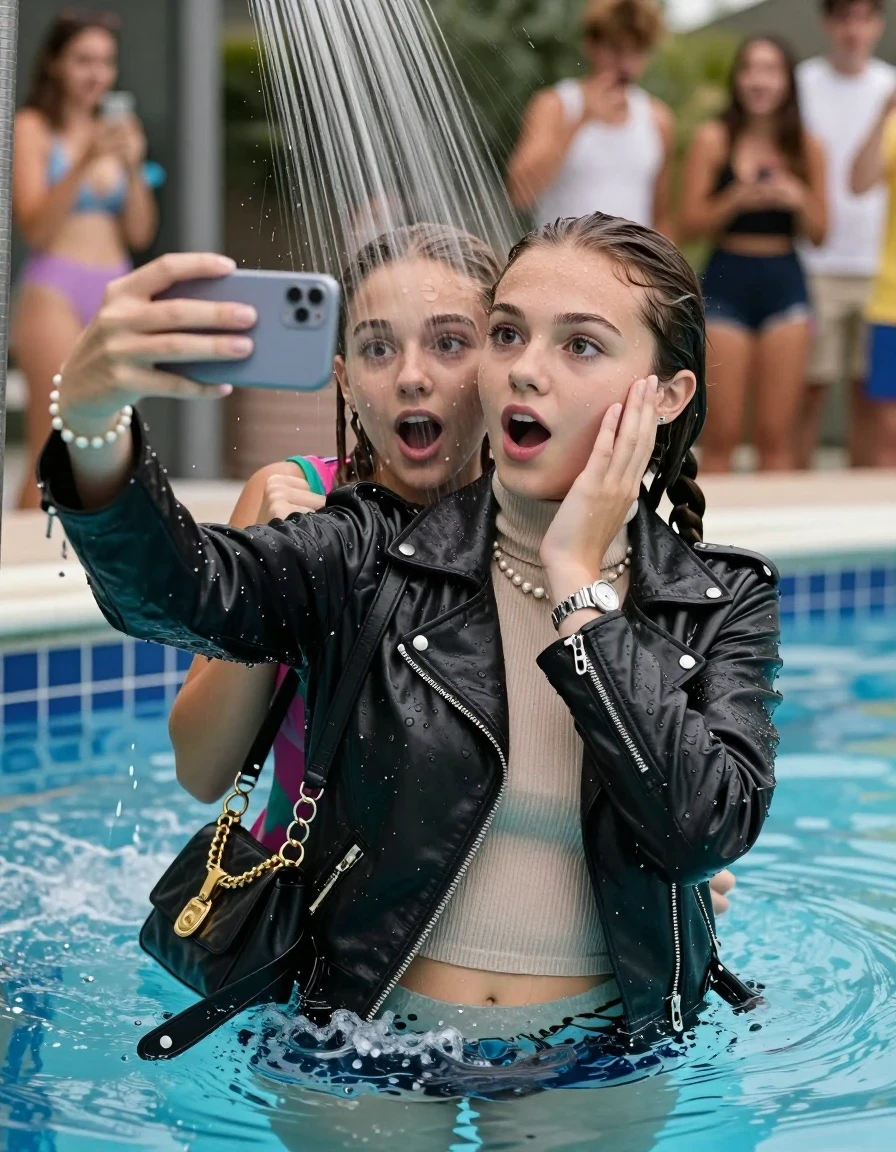 photo of young woman, in soaking wet, drenched clothes,
, , Biker leatherjacket, Tight knit turtleneck sweater belly free, handbag, pearl necklace, bracelet, wristwatch, Under the pool shower, strong jet of water, indoor swimming pool, pool party, shocked friends watching her from the edge, 
enjoying, wet clothes stuck to body,
detailed textures of the wet clothes, wet face, wet plastered hair,
wet, drenched, professional, high-quality details, full body view.
sharp focus, ultra-high pixel detail, realistic, high-quality, full colors, incredibly detailed, 4k, 8k, 16k, hyper-realistic, RAW photo, masterpiece, ultra-detailed, professionally color graded, professional photograph, sleek long twisted ponytail

Two 15 years old  teenage girl

Only head and shoulders are over the surface visible. Open mouth, big eyes. Looking at camera. Hold her hand on her cheek. take a selfie with her smartphone.

The girls wear different clothes.

she is completely underwater up to her neck, surprised and astonished expression. 

her submerged clothes are hardly vusible under water, she soaked her handbag into the water

close up view, wet skin, wet clothes, wet hair, damp fabric, water runs down the clothes, wet skin, wet clothes, damp fabric., wet skin, wet clothes, damp fabric, wet skin, wet clothes, damp fabric, wet skin, wet clothes, damp fabric, wet skin, wet clothes, damp fabric, wet skin, wet clothes, damp fabric, wet skin, wet clothes, damp fabric, wet skin, wet clothes, damp fabric, wet skin, wet clothes, damp fabric, wet skin, wet clothes, damp fabric
