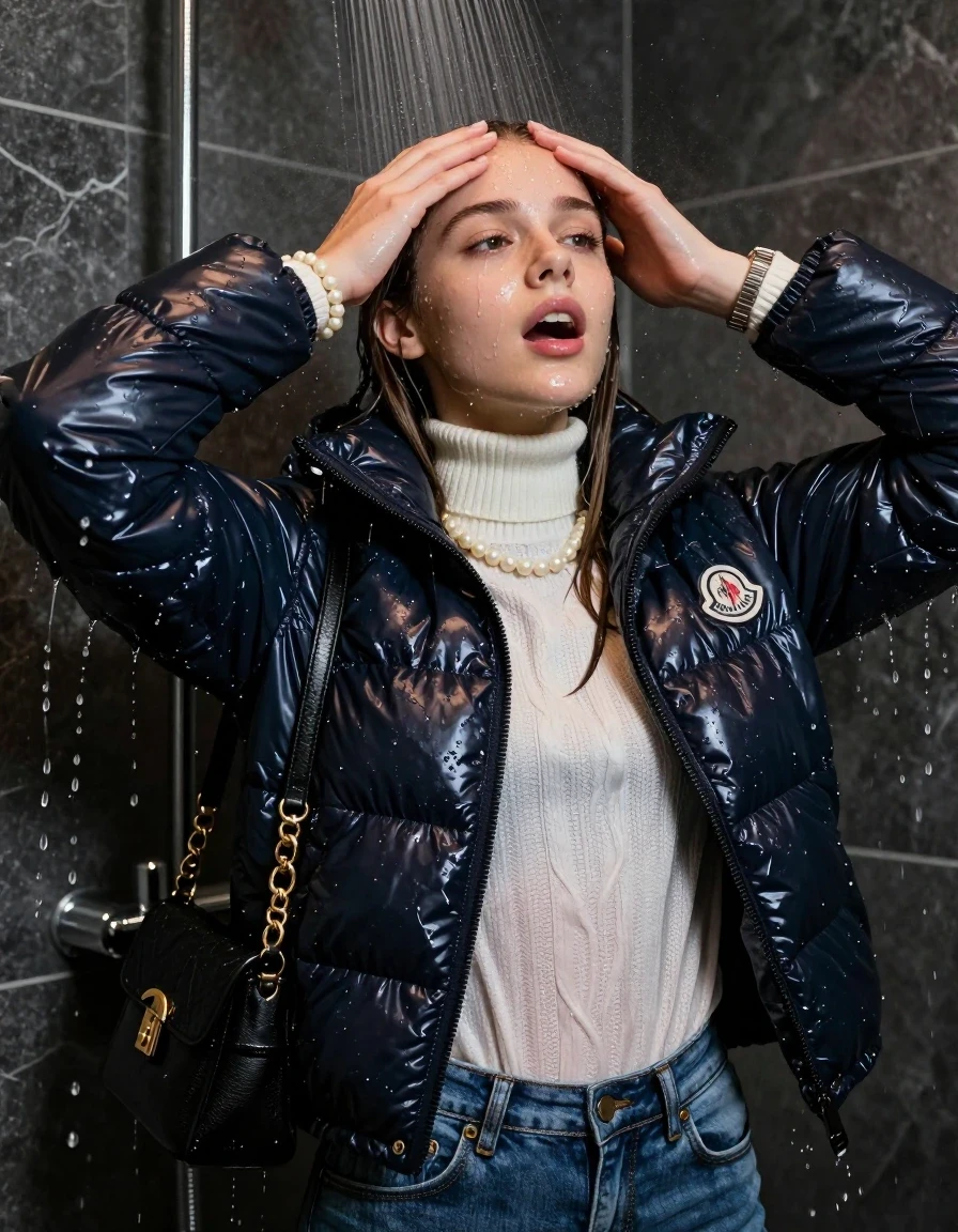 photo of young woman, in soaking wet, drenched clothes,
, Skinny jeans, Moncler shiny puffer down jacket , white knit turtleneck sweater, handbag, pearl necklace, bracelet, wristwatch, Under the shower, strong jet of water, party room, 
enjoying, wet clothes stuck to body,
detailed textures of the wet clothes, wet face, wet plastered hair,
wet, drenched, professional, high-quality details, full body view.
sharp focus, ultra-high pixel detail, realistic, high-quality, full colors, incredibly detailed, 4k, 8k, 16k, hyper-realistic, RAW photo, masterpiece, ultra-detailed, professionally color graded, professional photograph, sleek long straight hair

 15-years-old teenage girl

Only head and shoulders are over the surface visible. Open mouth, closed eyes. Looking up. Hold her hands on her forehead.

The girls wear different clothes.

she is completely underwater up to her neck, surprised and astonished expression. 

her clothing is soaking wet and clinging tightly to her skin, showing heavy wet folds, darkened fabric texture, and deep water-saturated Patches, her clothes are heavy from the water, water runs from her body and her clothes in streams. A lot of water also runs out of her clothes. Her clothes are darkened by the water. Her submerged clothes are good visible under the water.  she soaked her handbag into the water.

close up view, wet skin, wet clothes, wet hair, damp fabric, water runs down the clothes, wet skin, wet clothes, damp fabric. cinematic medium shot, hyper-realistic wetness, high-contrast water sheen, sharp focus, 16k resolution, professional photography, realistic water physics., wet skin, wet clothes, damp fabric, wet skin, wet clothes, damp fabric, wet skin, wet clothes, damp fabric