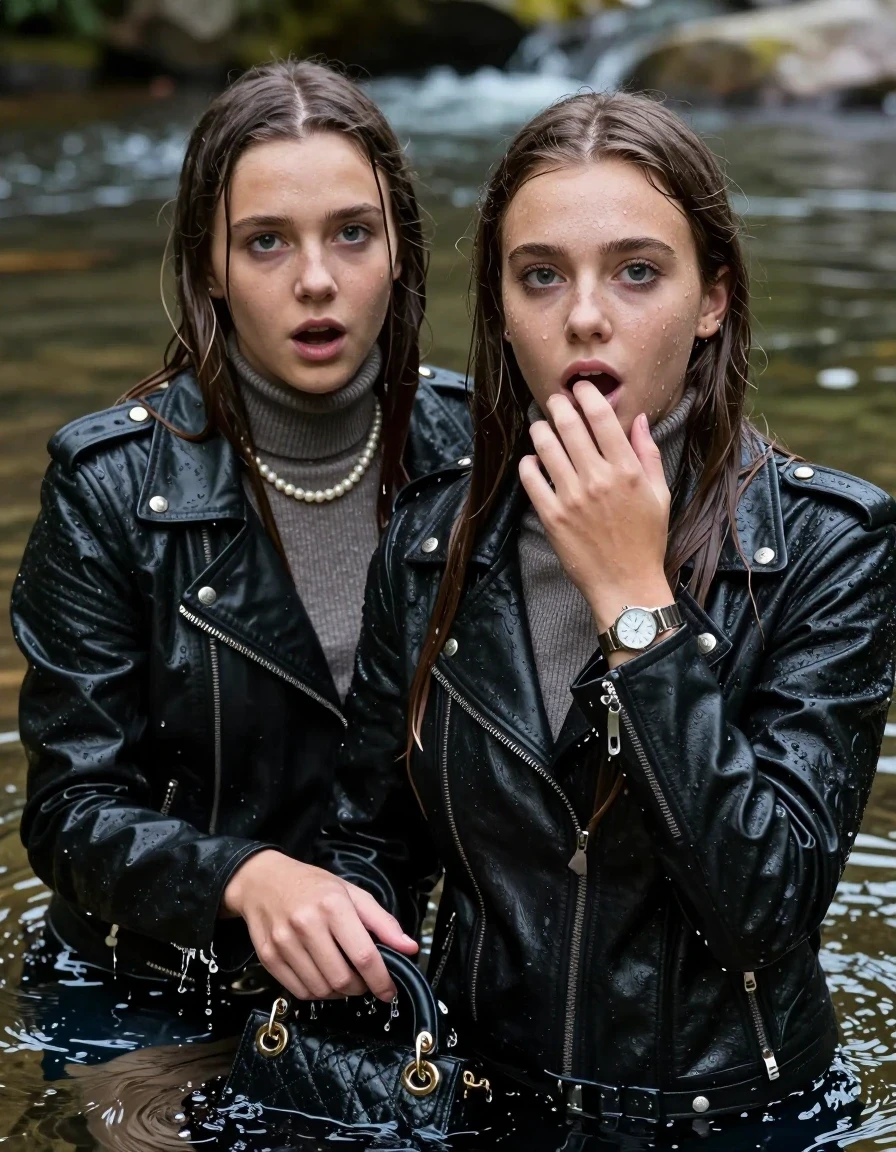 photo of young woman, in soaking wet, drenched clothes,
, , Biker leatherjacket, Tight knit turtleneck sweater belly free, handbag, pearl necklace, bracelet, wristwatch, swimming in the river, 
enjoying, wet clothes stuck to body,
detailed textures of the wet clothes, wet face, wet plastered hair,
wet, drenched, professional, high-quality details, full body view.
sharp focus, ultra-high pixel detail, realistic, high-quality, full colors, incredibly detailed, 4k, 8k, 16k, hyper-realistic, RAW photo, masterpiece, ultra-detailed, professionally color graded, professional photograph, sleek long straight hair

Two 15 years old  teenage girl

Only head and shoulders are over the surface visible. Open mouth, big eyes. Looking at camera. Hold her hand in front of her chin.

The girls wear different clothes.

she is completely underwater up to her neck, surprised and astonished expression. 

her submerged clothes are hardly vusible under water, she soaked her handbag into the water

her clothing is soaking wet and clinging tightly to her skin, showing heavy wet folds, darkened fabric texture, and deep water-saturated Patches, her clothes are heavy from the water, water runs from her body and her clothes in streams. A lot of water also runs out of her clothes. Her clothes are darkened by the water. Her submerged clothes are good visible under the water.  she soaked her handbag into the water.

close up view, wet skin, wet clothes, wet hair, damp fabric, water runs down the clothes, wet skin, wet clothes, damp fabric. cinematic medium shot, hyper-realistic wetness, high-contrast water sheen, sharp focus, 8k resolution, professional photography, realistic water physics., wet skin, wet clothes, damp fabric, wet skin, wet clothes, damp fabric