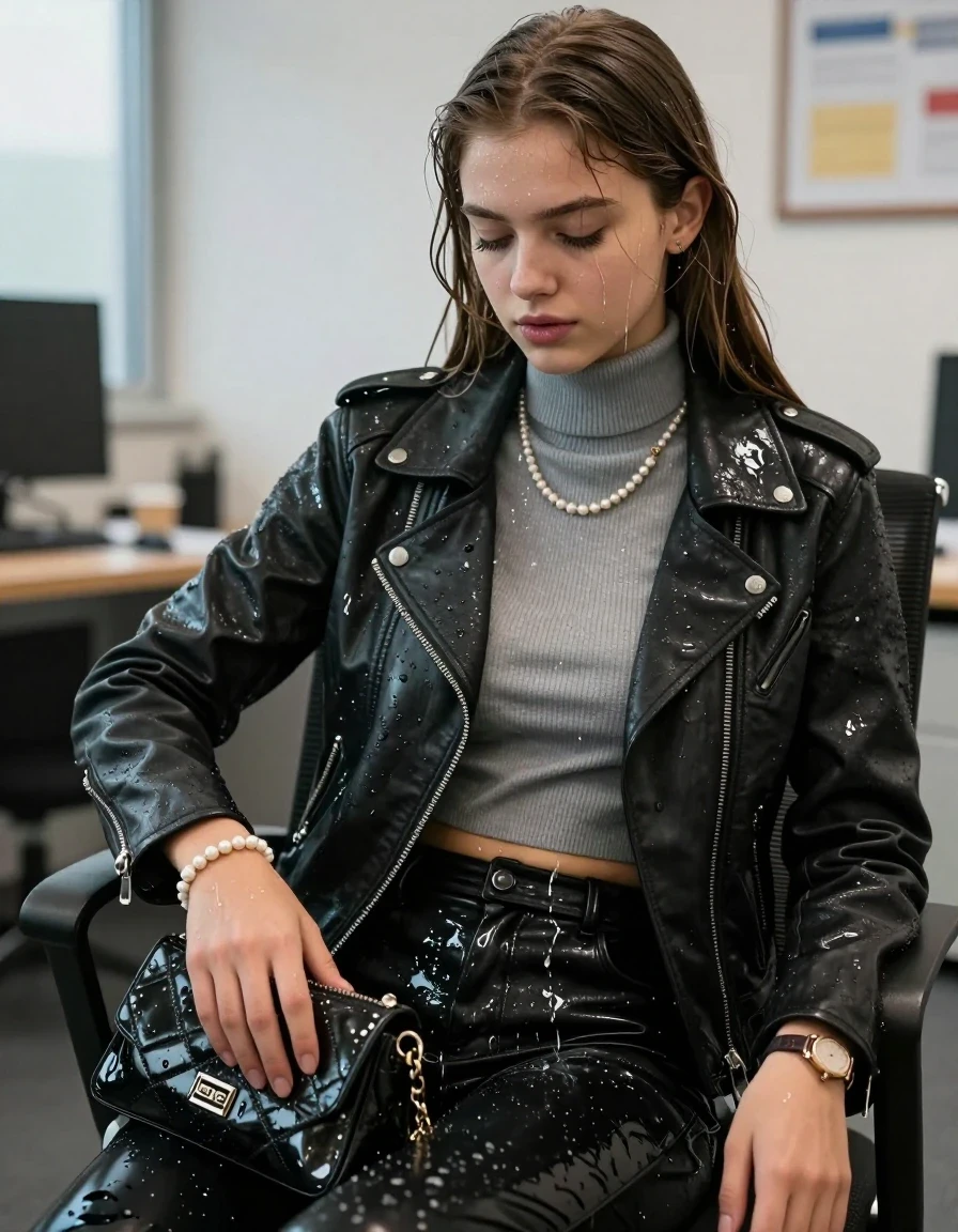 photo of young woman, in soaking wet, drenched clothes,
, , biker leatherjacket, Tight knit turtleneck sweater belly free, handbag, pearl necklace, bracelet, wristwatch, sitting on a chair in office, 
enjoying, wet clothes stuck to body,
detailed textures of the wet clothes, wet face, wet plastered hair,
wet, drenched, professional, high-quality details, full body view.
sharp focus, ultra-high pixel detail, realistic, high-quality, full colors, incredibly detailed, 4k, 8k, 16k, hyper-realistic, RAW photo, masterpiece, ultra-detailed, professionally color graded, professional photograph, sleek long straight hair

15 years old  teenage girl

The girls wear different clothes.

her submerged clothes are hardly vusible under water, she soaked her handbag into the water

her clothing is soaking wet and clinging tightly to her skin, showing heavy wet folds, darkened fabric texture, and deep water-saturated Patches, her clothes are heavy from the water, water runs from her body and her clothes in streams. A lot of water also runs out of her clothes. Her clothes are darkened by the water. Her submerged clothes are good visible under the water.  she soaked her handbag into the water.

close up view, wet skin, wet clothes, wet hair, damp fabric, water runs down the clothes, wet skin, wet clothes, damp fabric. cinematic medium shot, hyper-realistic wetness, high-contrast water sheen, sharp focus, 16k resolution, professional photography, realistic water physics., wet skin, wet clothes, damp fabric, wet skin, wet clothes, damp fabric, wet skin, wet clothes, damp fabric