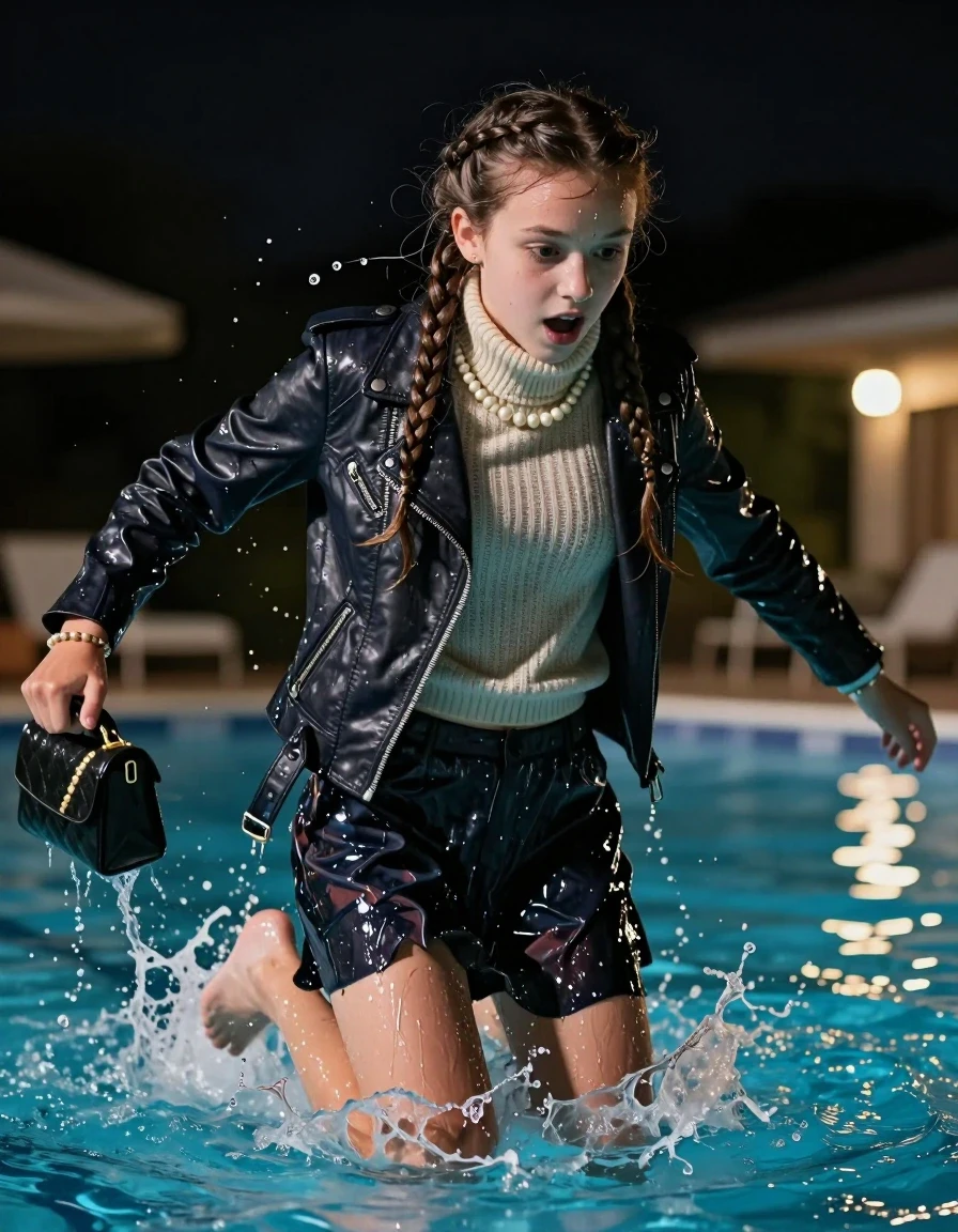 photo of young woman, in soaking wet, drenched clothes,
, , Biker leatherjacket, knit turtleneck sweater belly free, handbag, pearl necklace, bracelet, wristwatch, Jumping and Diving into a Swimming pool at night, 
enjoying, wet clothes stuck to body,
detailed textures of the wet clothes, wet face, wet plastered hair,
wet, drenched, professional, high-quality details, full body view.
sharp focus, ultra-high pixel detail, realistic, high-quality, full colors, incredibly detailed, 4k, 8k, 16k, hyper-realistic, RAW photo, masterpiece, ultra-detailed, professionally color graded, professional photograph, Two long braids 

 15 years old  school girl

Only head and shoulders are over the surface visible. Open mouth, big eyes. Looking down.

The scene is captured at the moment of impact with water droplets spraying in the air and the pool lights creating reflections on the surface. The mood is daring and energetic, with a focus on the movement of the fabric and the splash.

The scene is captured at the moment of impact with water droplets spraying in the air and the pool lights creating reflections on the surface. The mood is daring and energetic, with a focus on the movement of the fabric and the splash.

The girls wear different clothes.

she is completely underwater up to her neck, surprised and astonished expression. 

her clothing is soaking wet and clinging tightly to her skin, showing heavy wet folds, darkened fabric texture, and deep water-saturated Patches, her clothes are heavy from the water, water runs from her body and her clothes in streams. A lot of water also runs out of her clothes. Her clothes are darkened by the water. Her submerged clothes are good visible under the water.  she soaked her handbag into the water.

close up view, wet skin, wet clothes, wet hair, damp fabric, water runs down the clothes, wet skin, wet clothes, damp fabric. cinematic medium shot, hyper-realistic wetness, high-contrast water sheen, sharp focus, 16k resolution, professional photography, realistic water physics., wet skin, wet clothes, damp fabric, wet skin, wet clothes, damp fabric, wet skin, wet clothes, damp fabric, wet skin, wet clothes, damp fabric